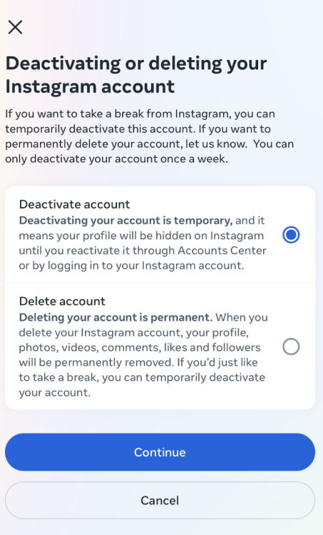 Instagram delete or deactivate an account