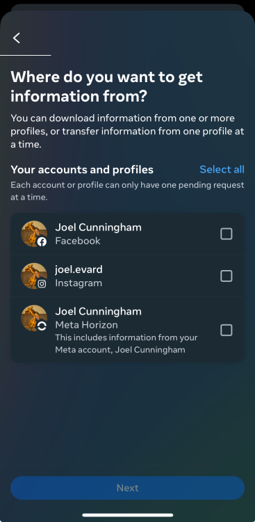 Instagram data download menu