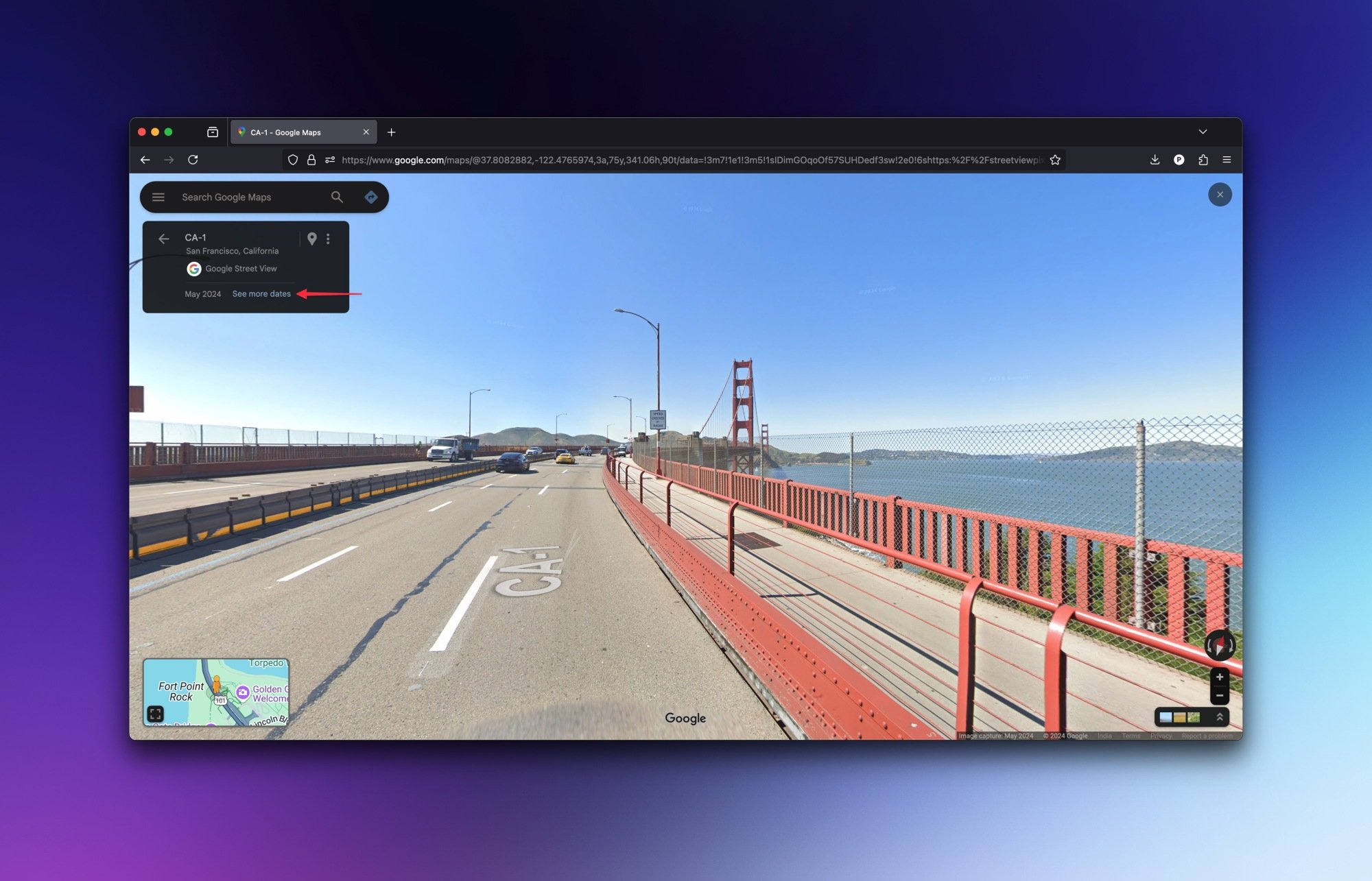 A bright day view of the Golden Gate Bridge in San Francisco, CA, highlighting the See More Dates feature for accessing historical photos.