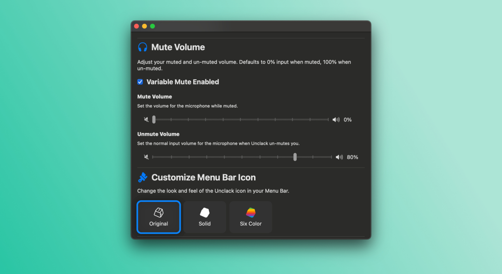 A screenshot of Unclack for Mac, showing the variable mic mute option.