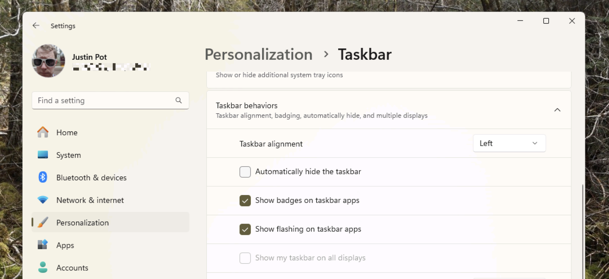 Hiding the taskbar within Windows Settings