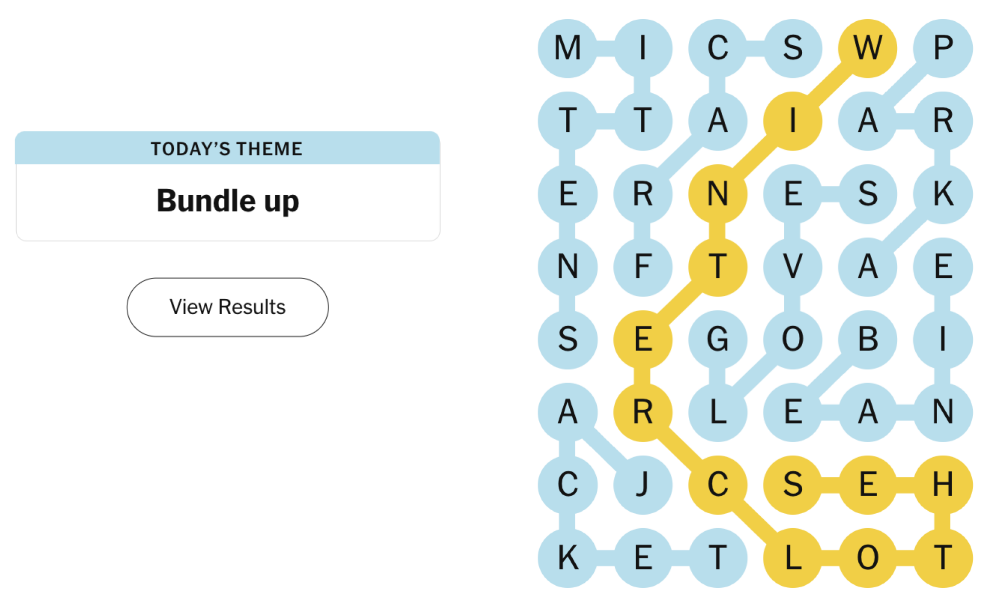 Completed NYT Strands board for January 14, 2024: Bundle up.