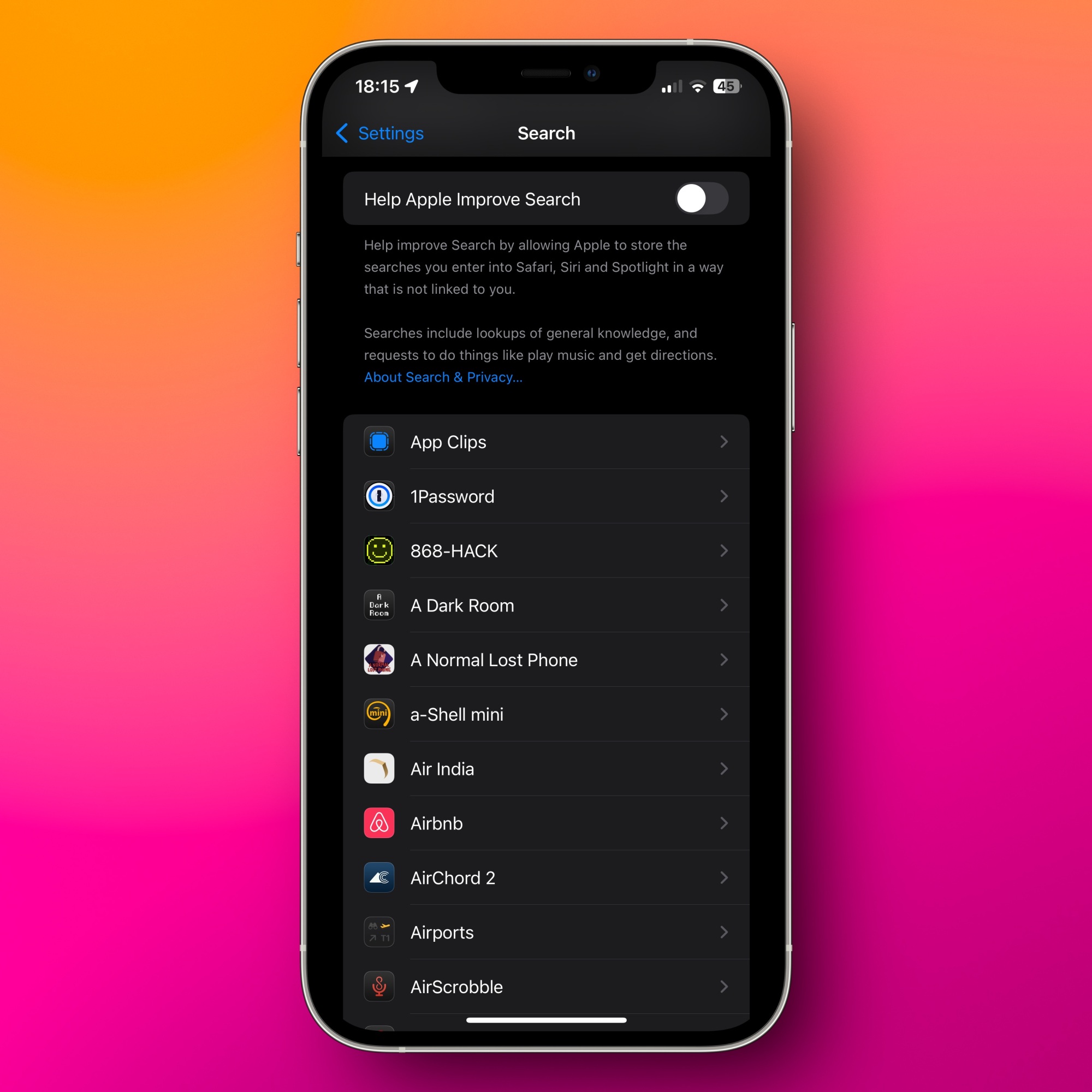 Disabling Help Apple Improve Search on an iPhone.