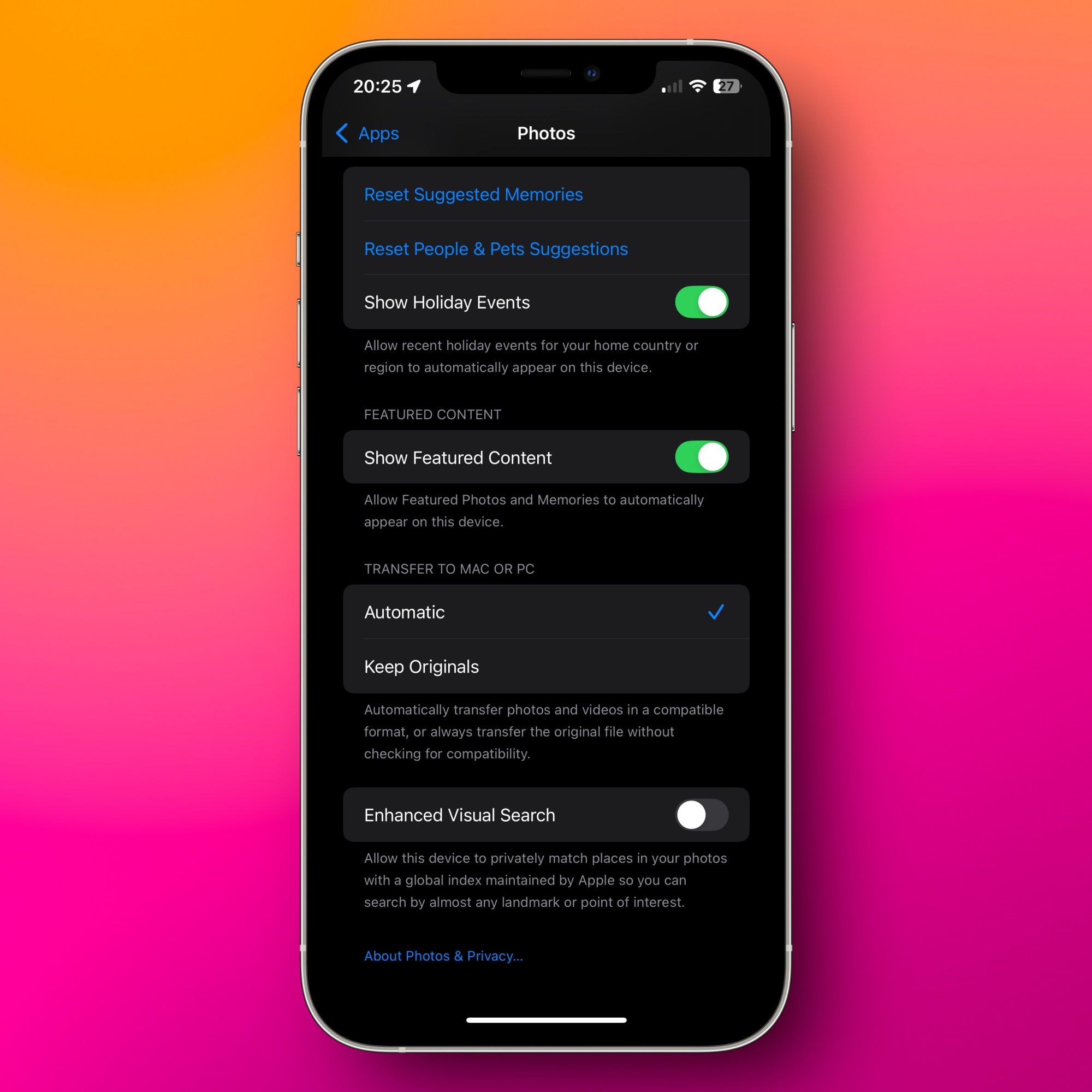 Disabling Enhanced Visual Search on iPhone.