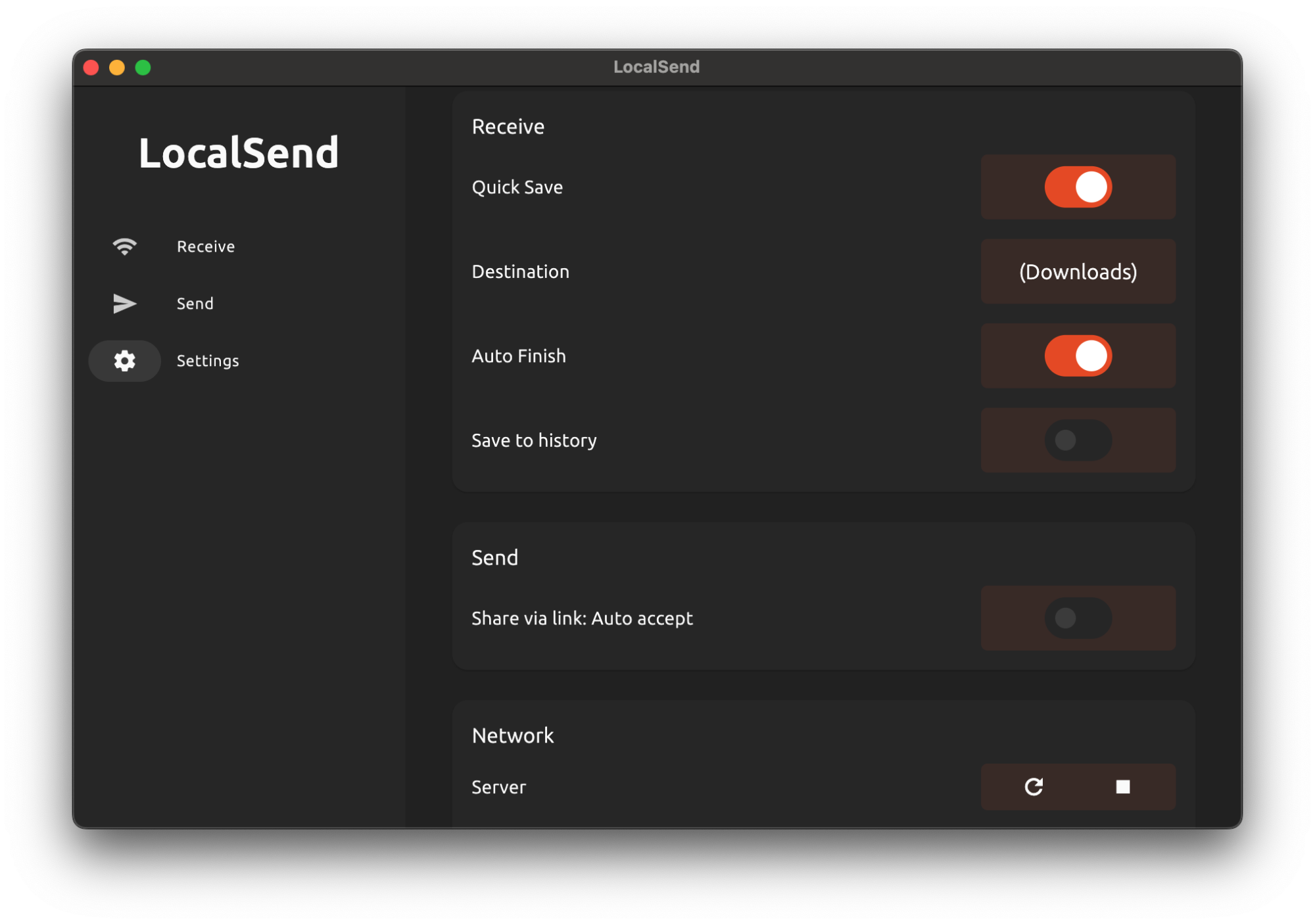 LocalSend app's settings interface demonstrating file reception settings
