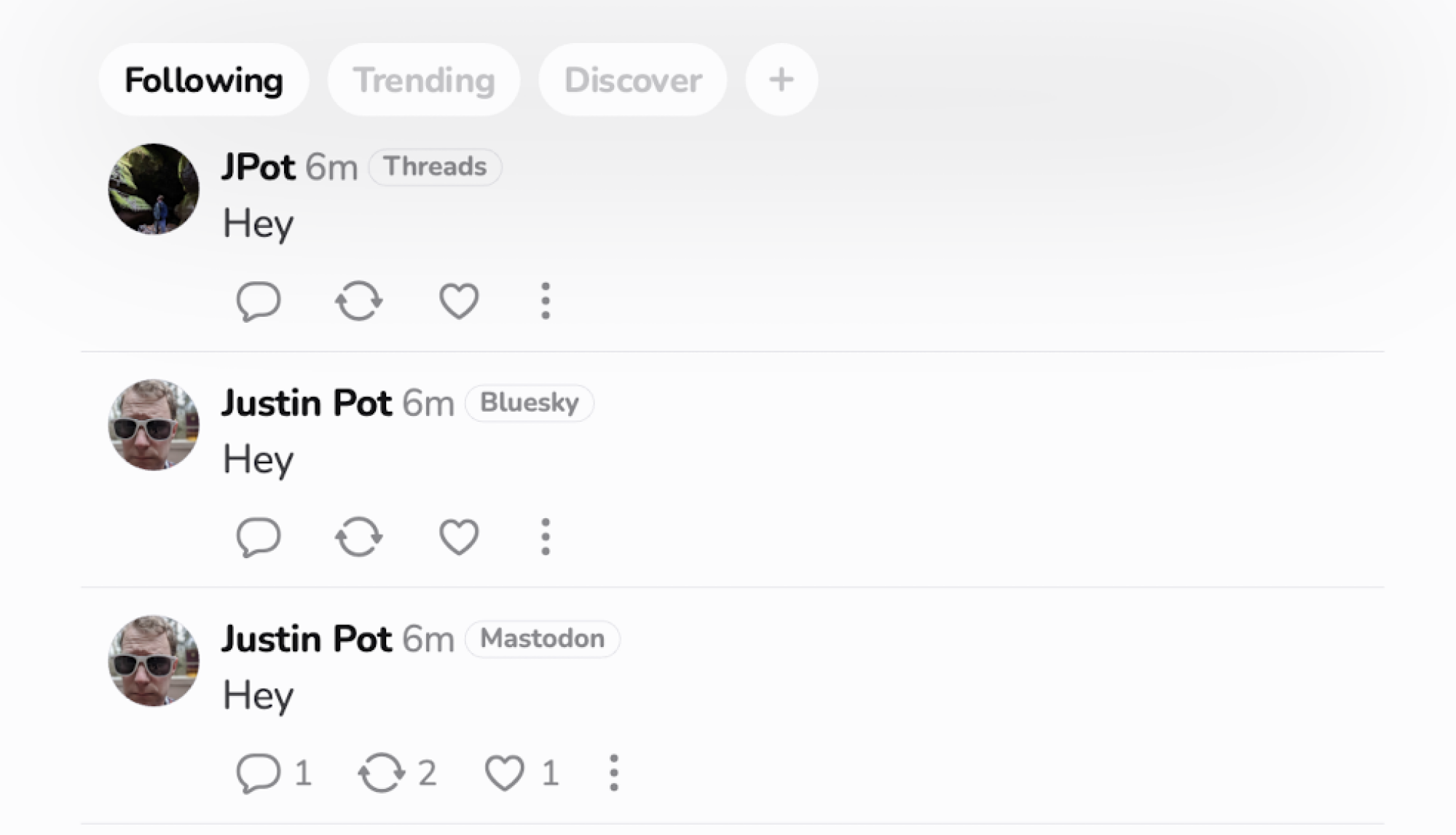 The word 'hey' posted across multiple networks: Bluesky, Mastodon, and Threads