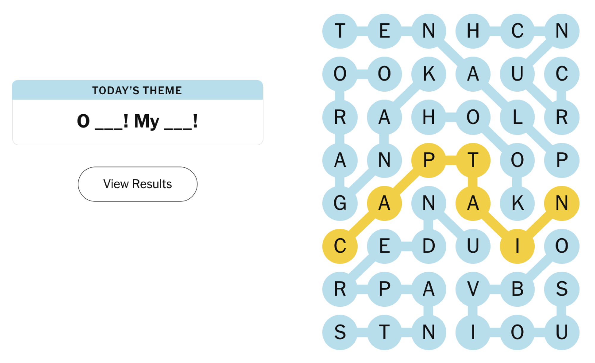 Completed NYT Strands board for January 18, 2024: O ___! My ___!