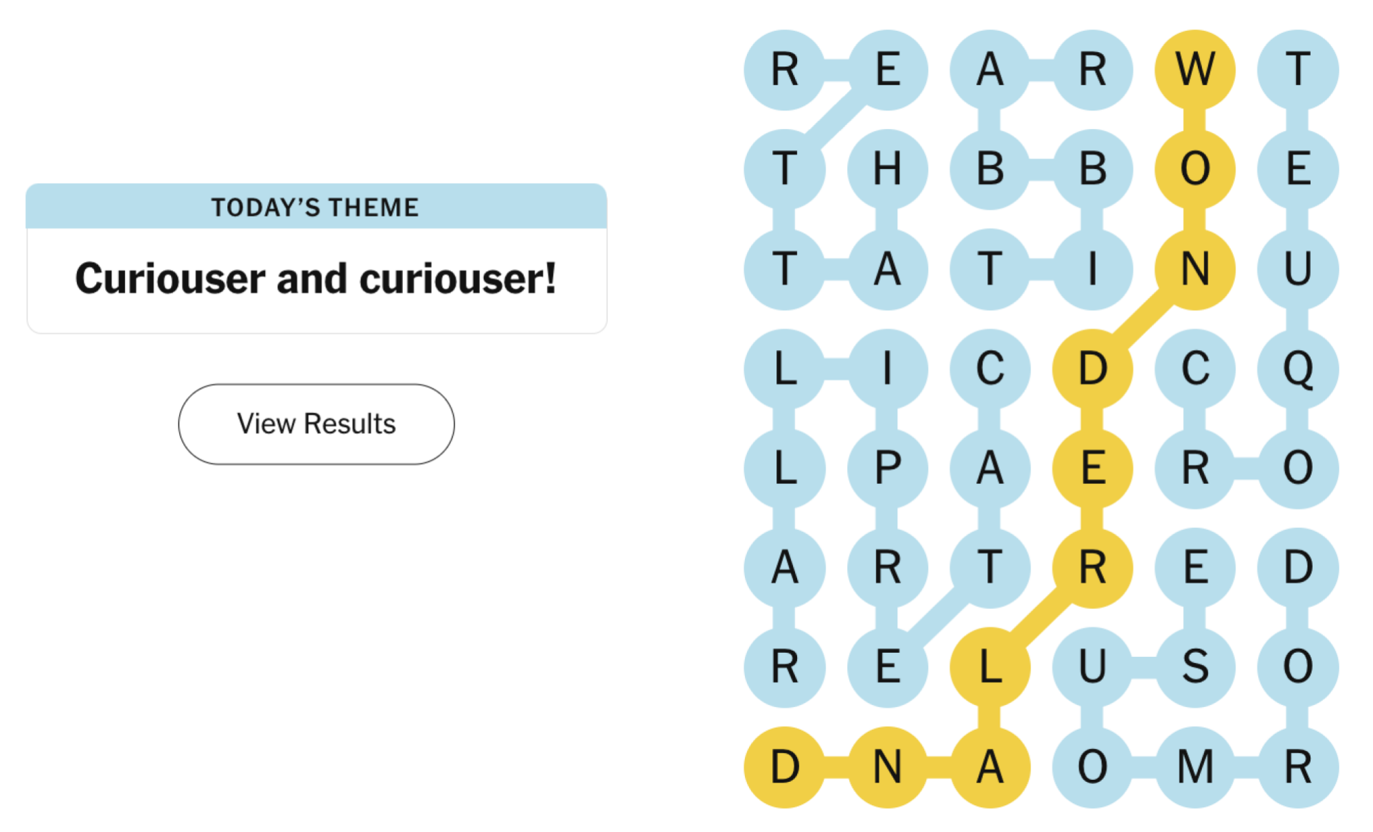 Completed NYT Strands board for January 20, 2024: Curiouser and curiouser!