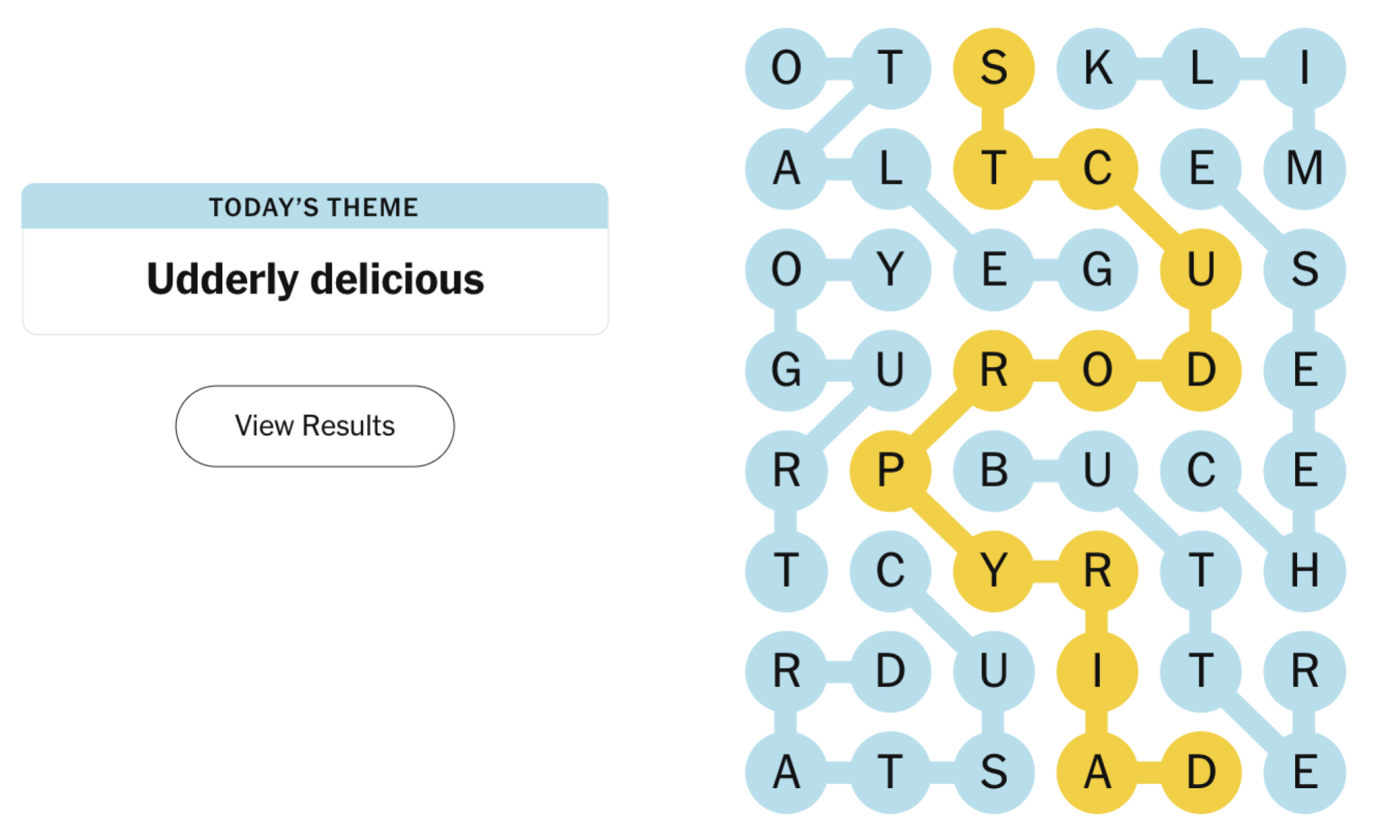 Completed NYT Strands board for January 23, 2024: Udderly delicious.