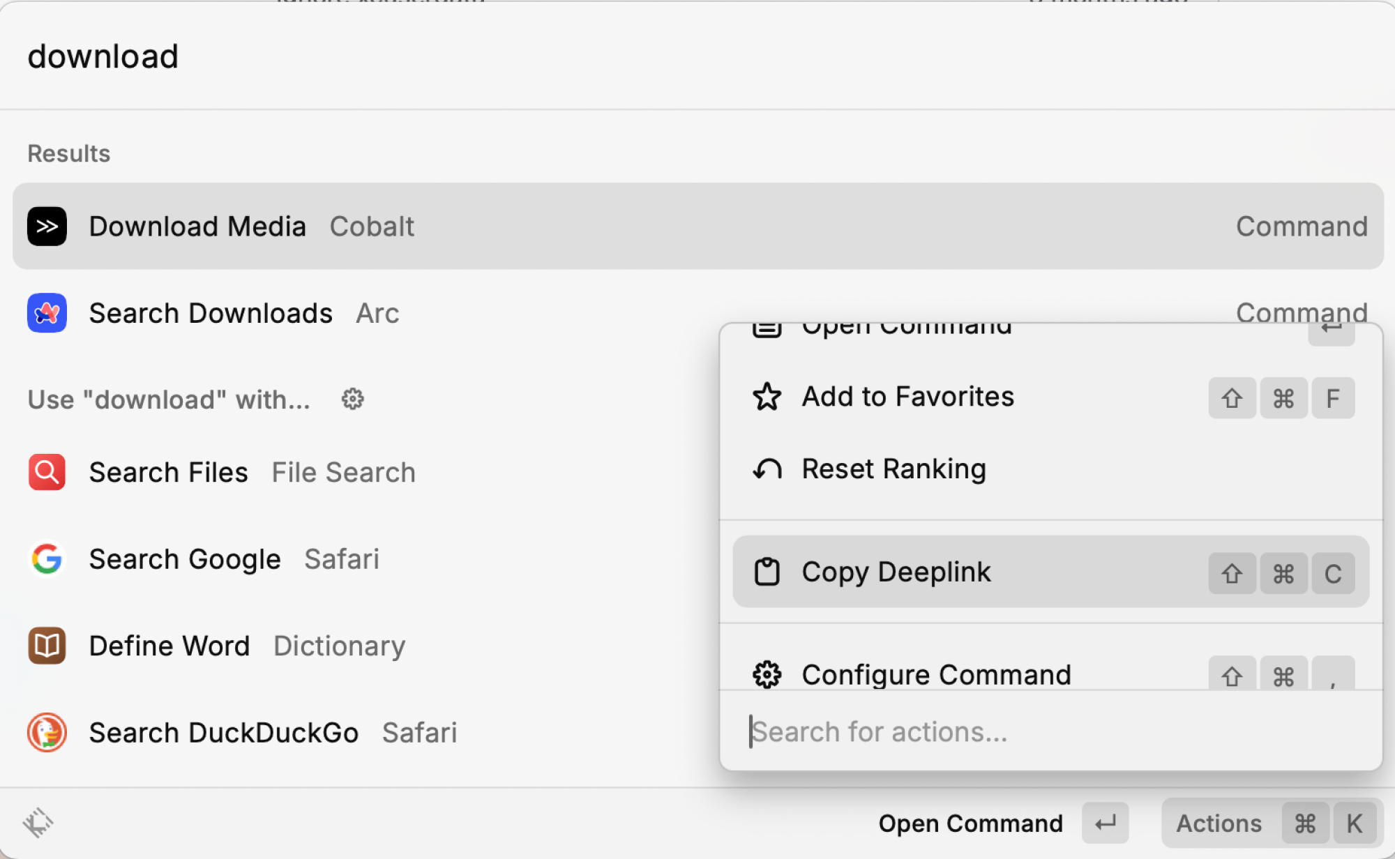 Select Deep Link from Raycast.