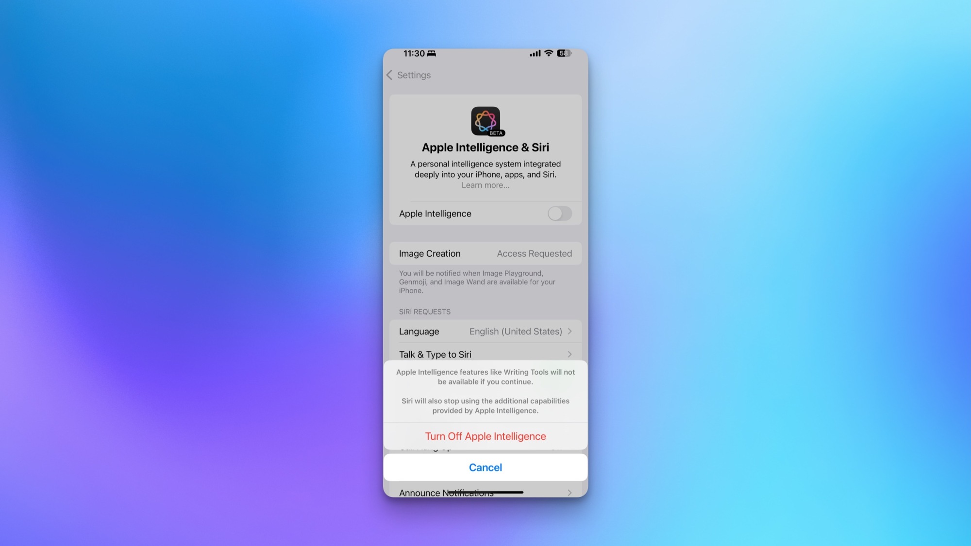 Deactivating Apple Intelligence on an iPhone.