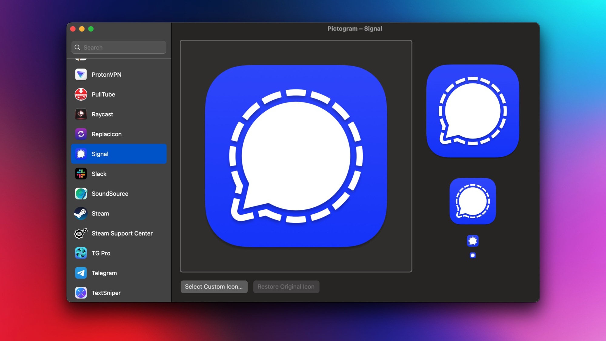 Pictogram app interface on a Mac, displaying a list of icon options for Signal.