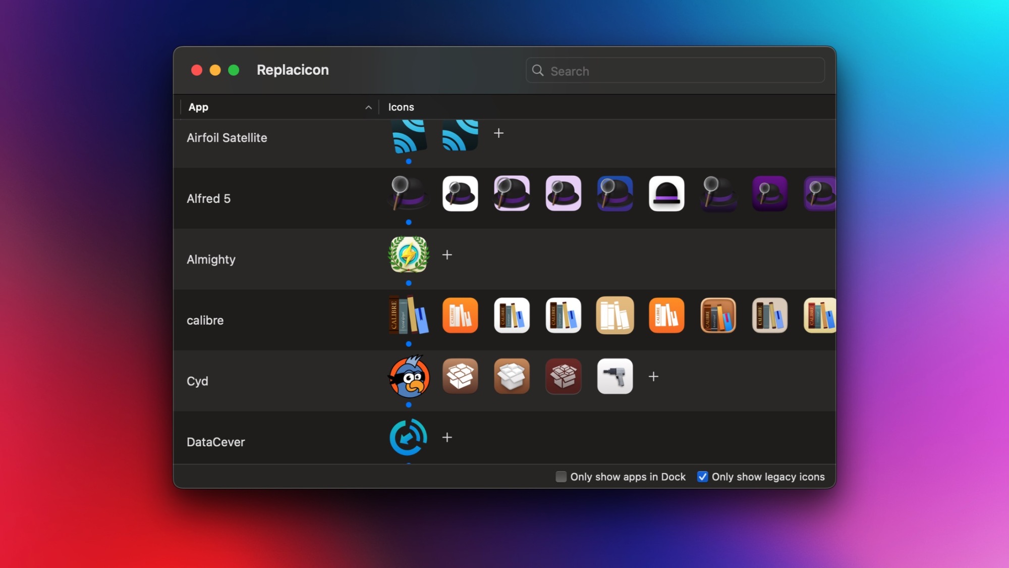 Replacicon app interface showcasing various legacy app icons on a Mac.