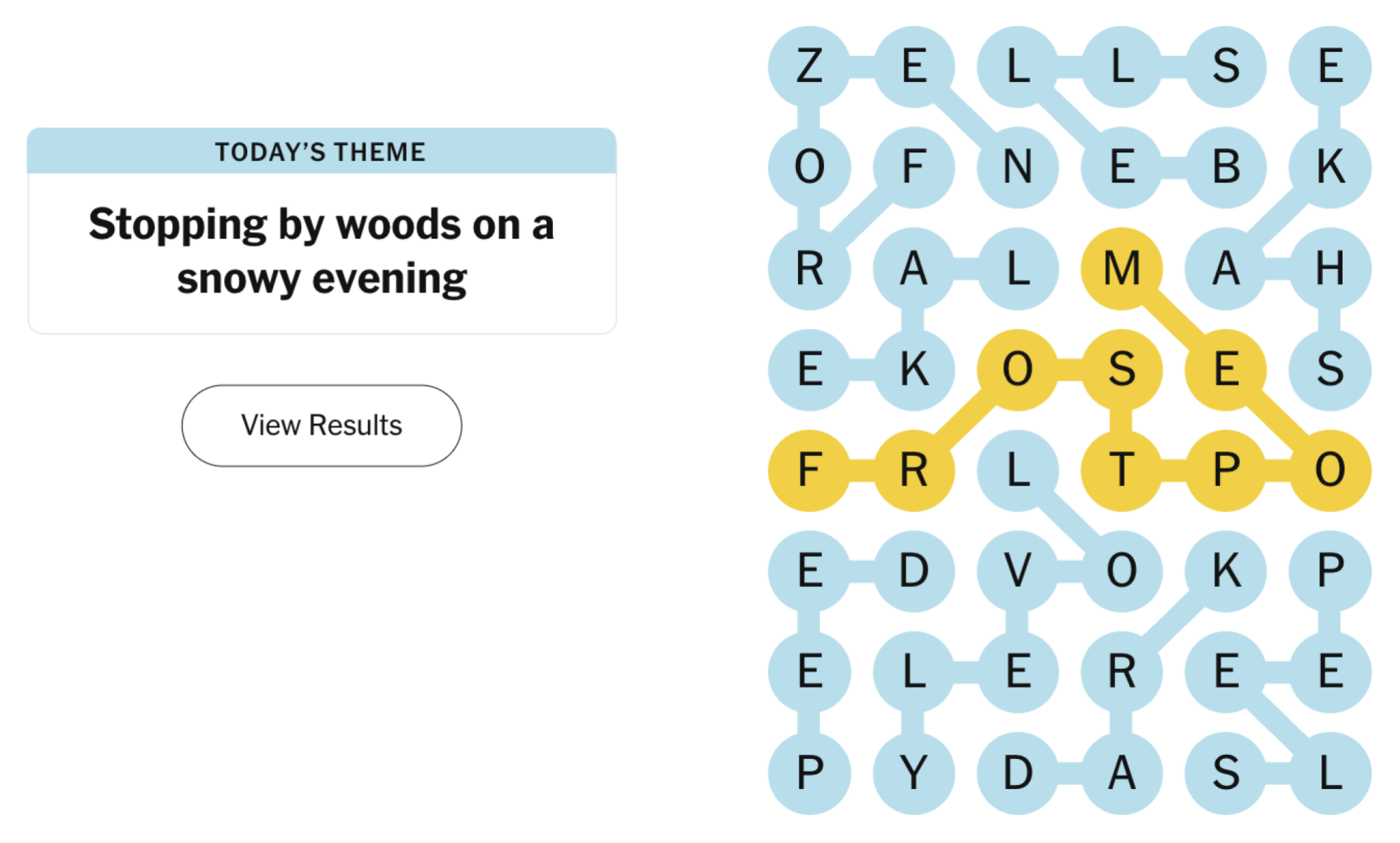 Completed NYT Strands board for January 30, 2024: Stopping by woods on a snowy evening.