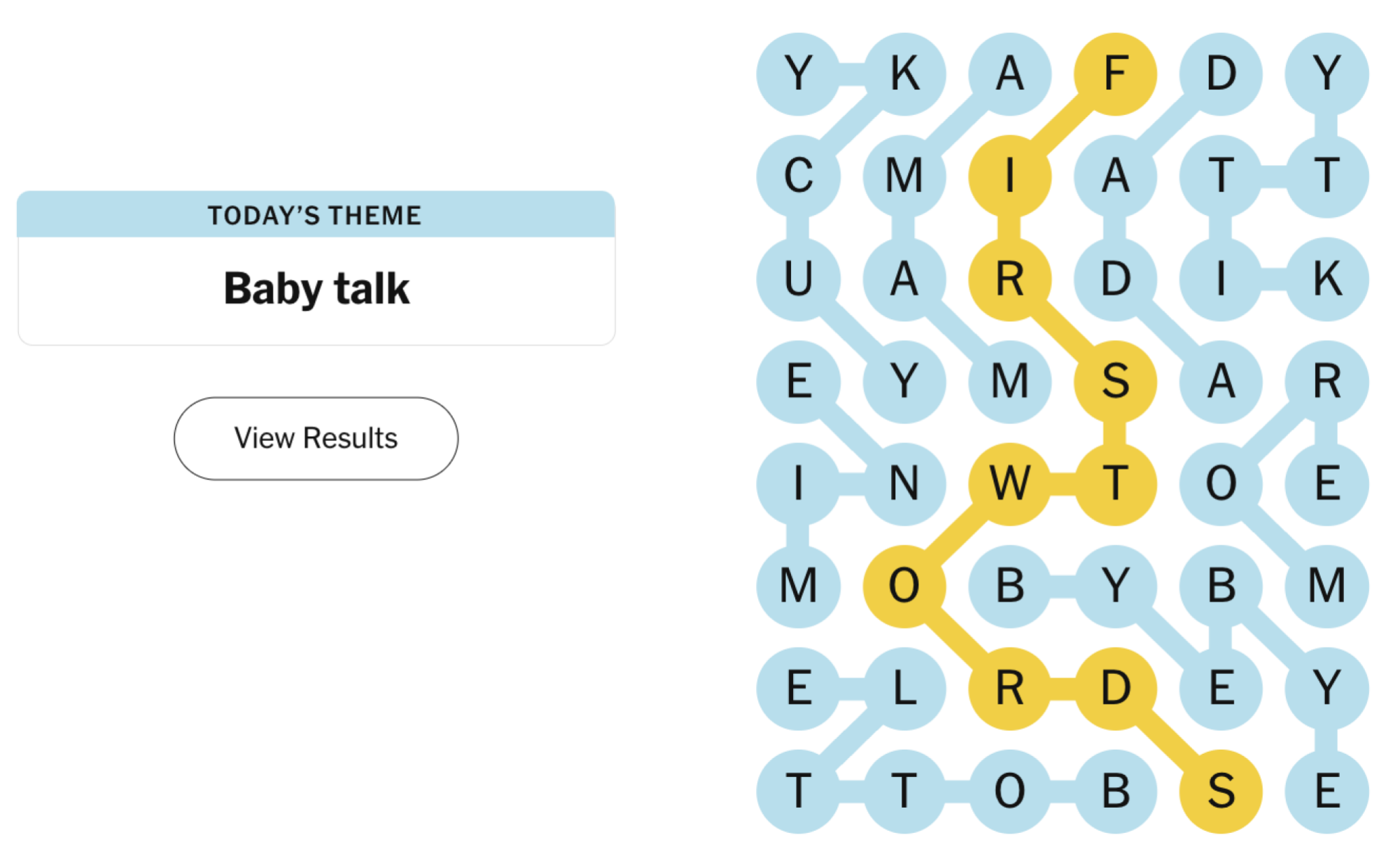 Completed NYT Strands board for January 31, 2024: Baby talk.