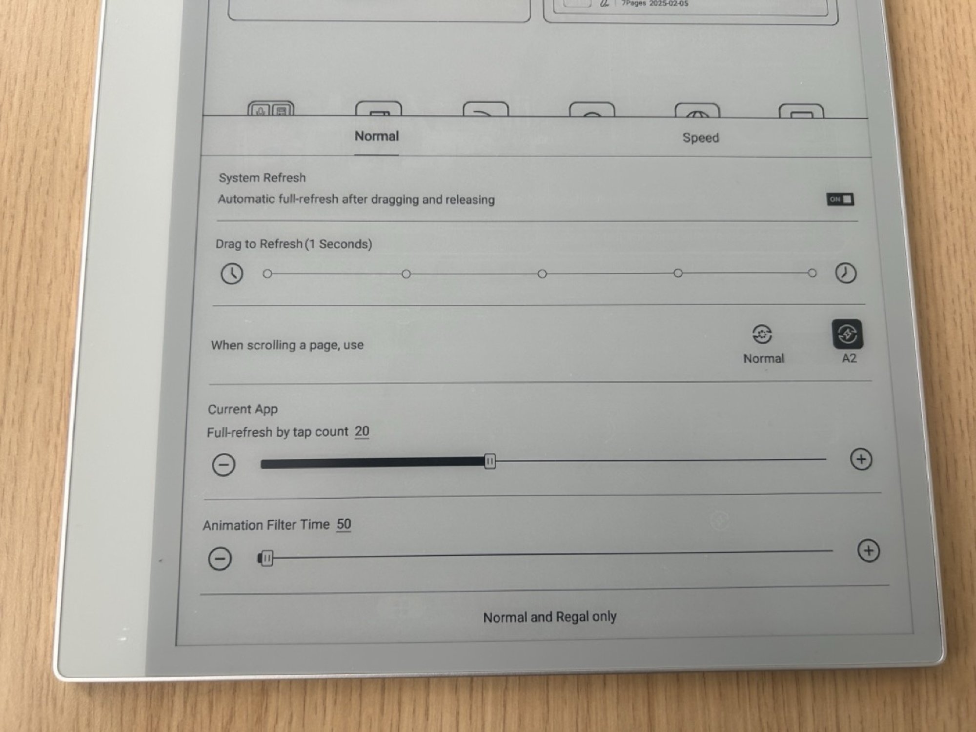 Menu showing screen refresh settings