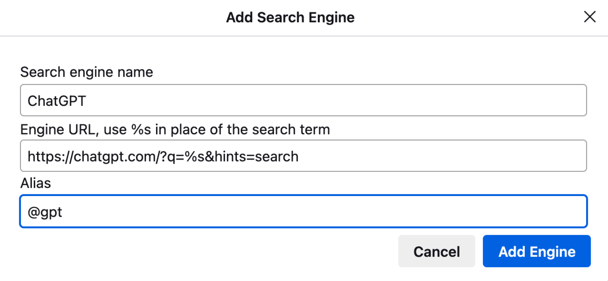 Adding ChatGPT as site search in Firefox.