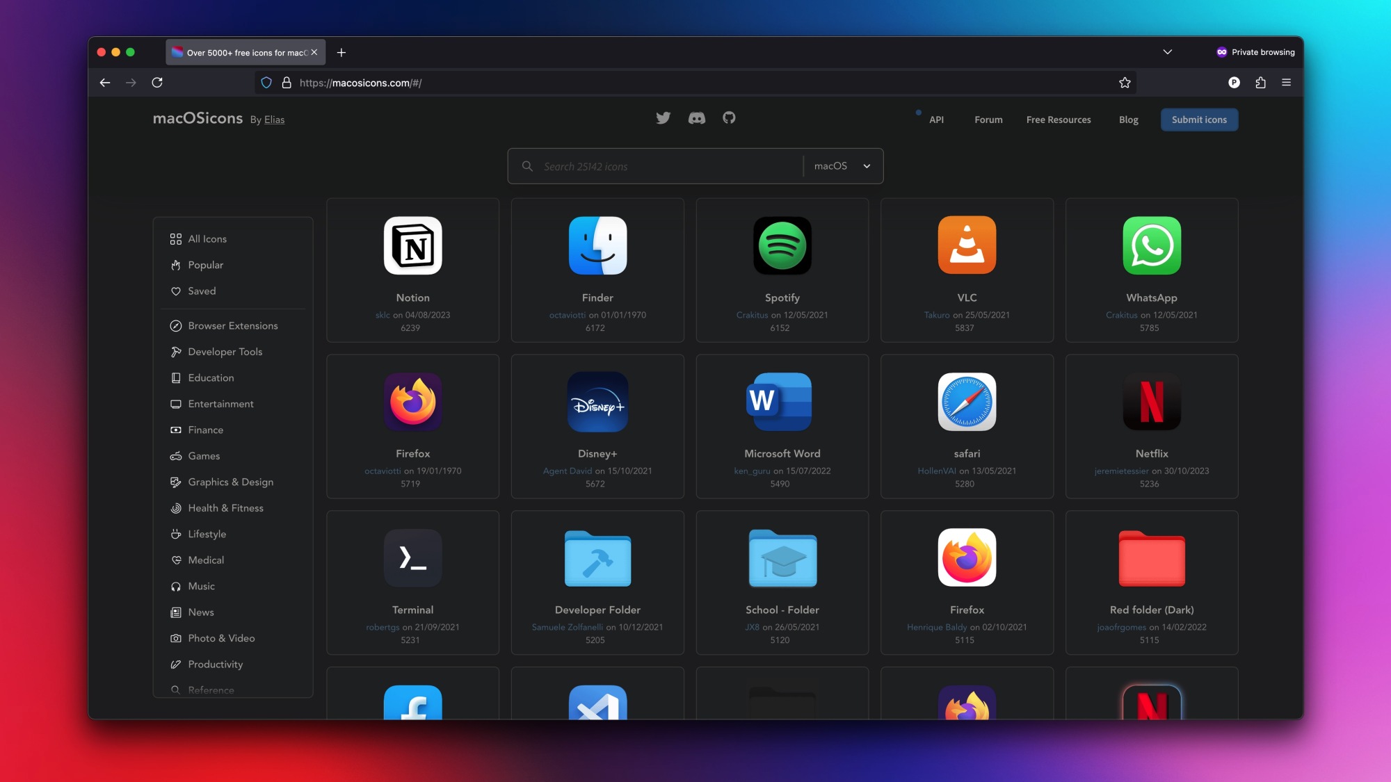 Firefox window showcasing the macOS Icons website with a display of 20 popular app icons.