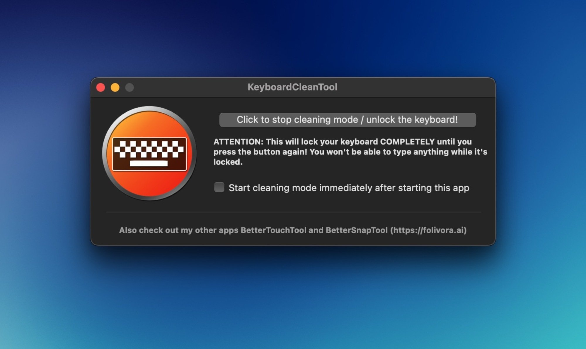 KeyboardCleanTool interface on a Mac indicating that the keyboard is disabled.