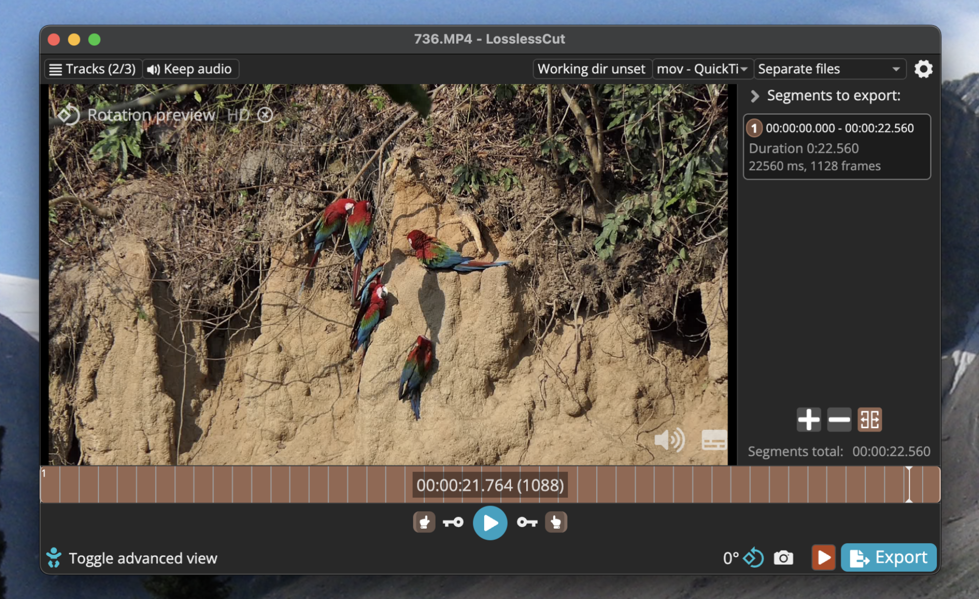The simple view of LosslessCut hides most of the tools so you can focus on cutting from the beginning and the end.