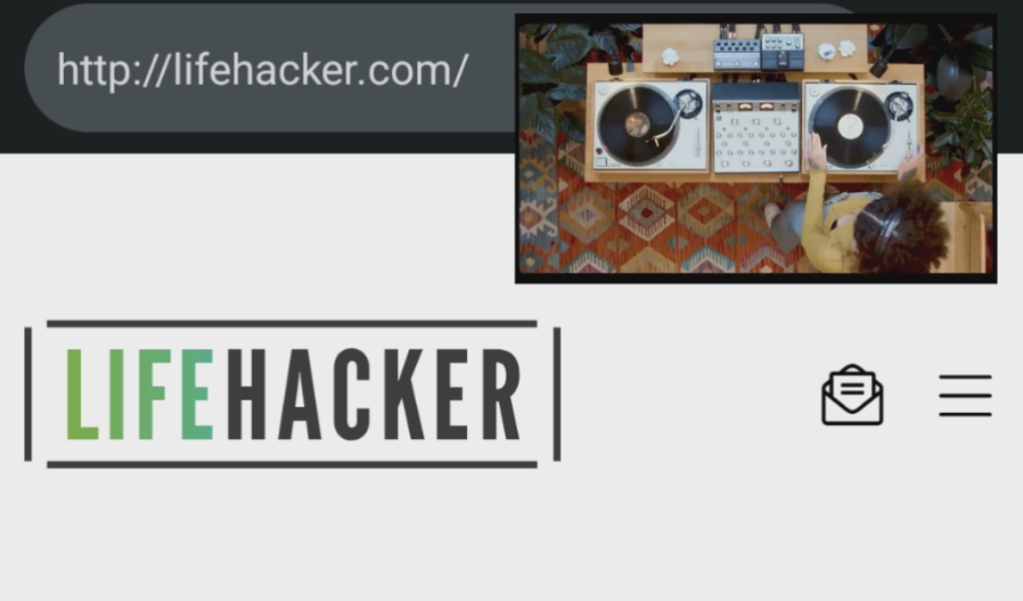 Picture-in-picture video display featuring a DJ on the Lifehacker homepage.