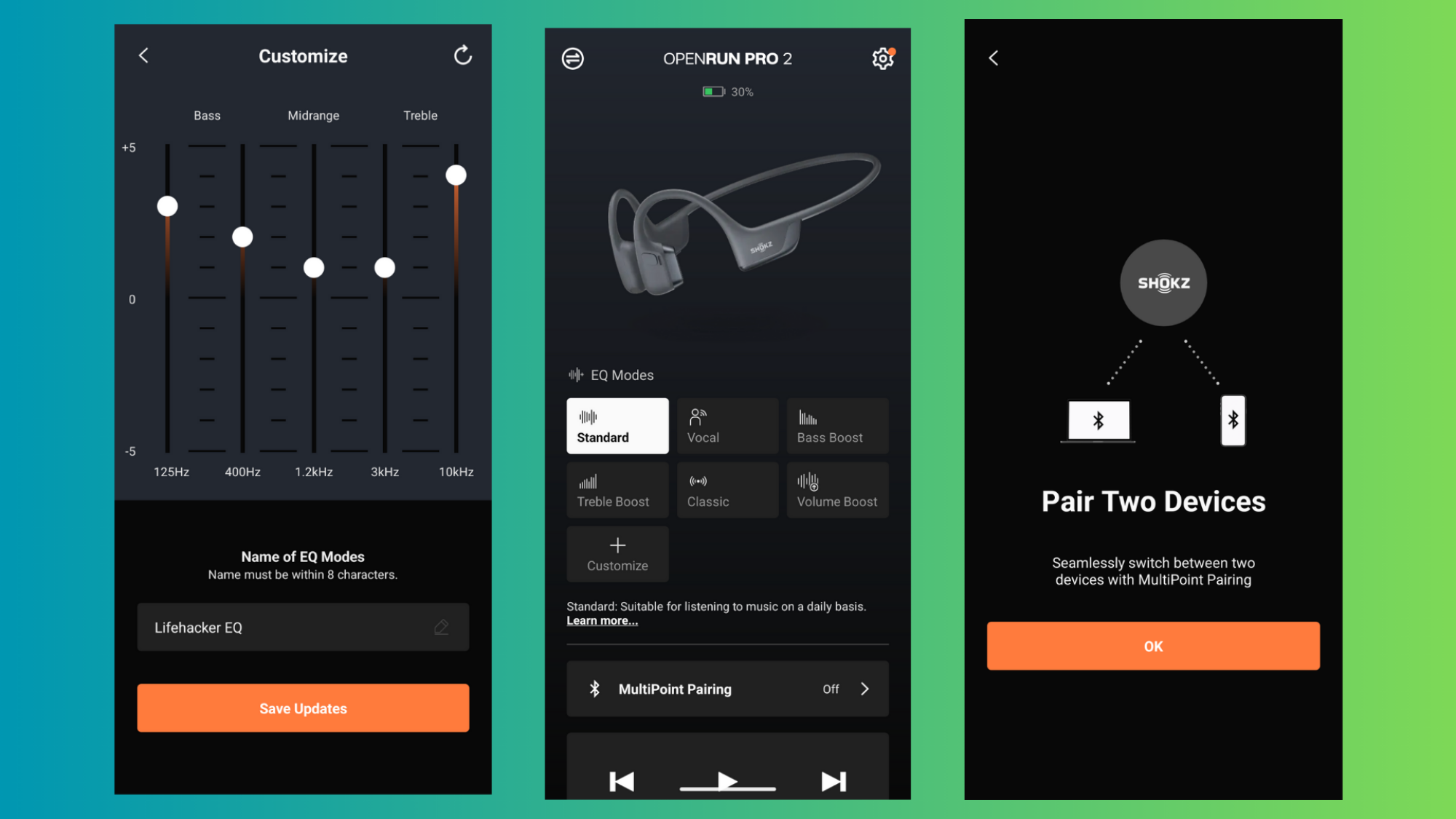 Full EQ on left, main menu of the Shokz app on center, MultiPoint feature on right.
