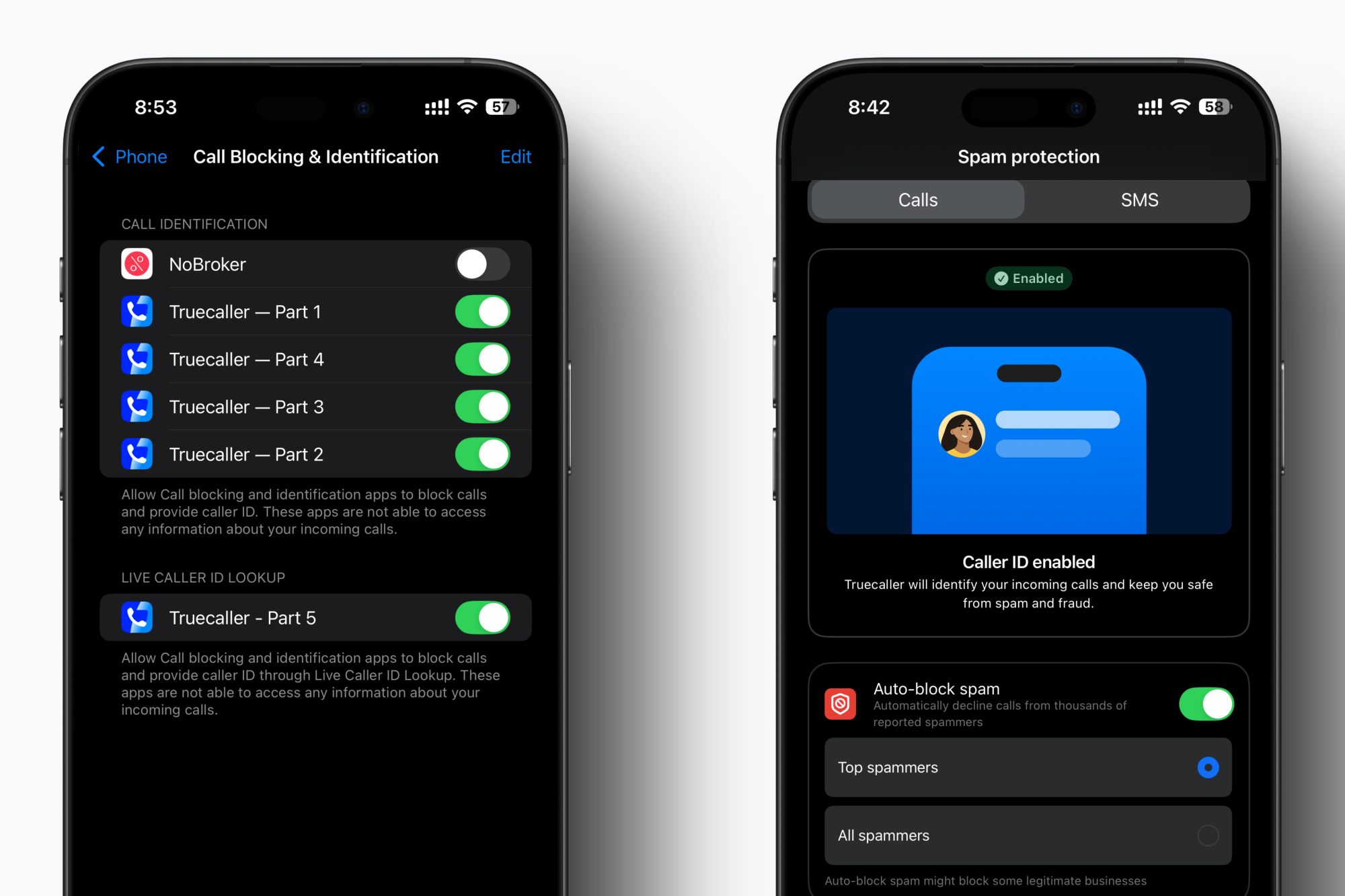 Activating Truecaller Live Caller ID Lookup within Settings and enabling spam blocking.