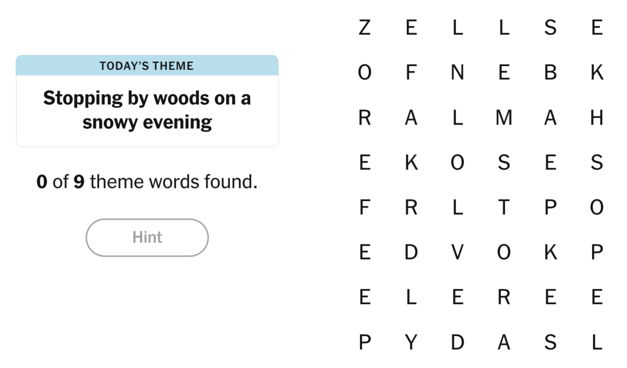 NYT Strands board for January 30, 2025: Stopping by woods on a snowy evening.