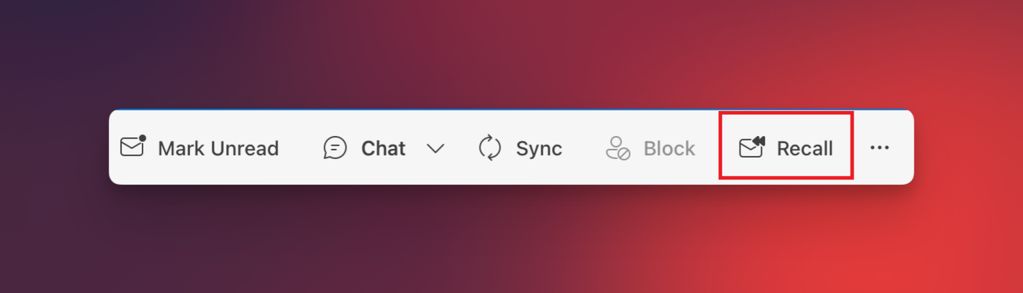The Outlook toolbar highlighting the Recall button in red.