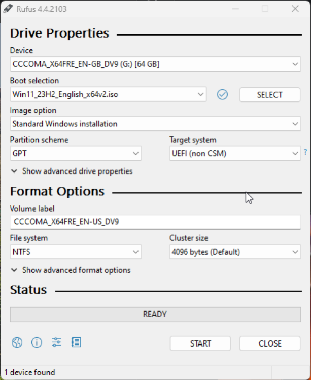 Creating a bootable Windows 11 USB drive using Rufus.