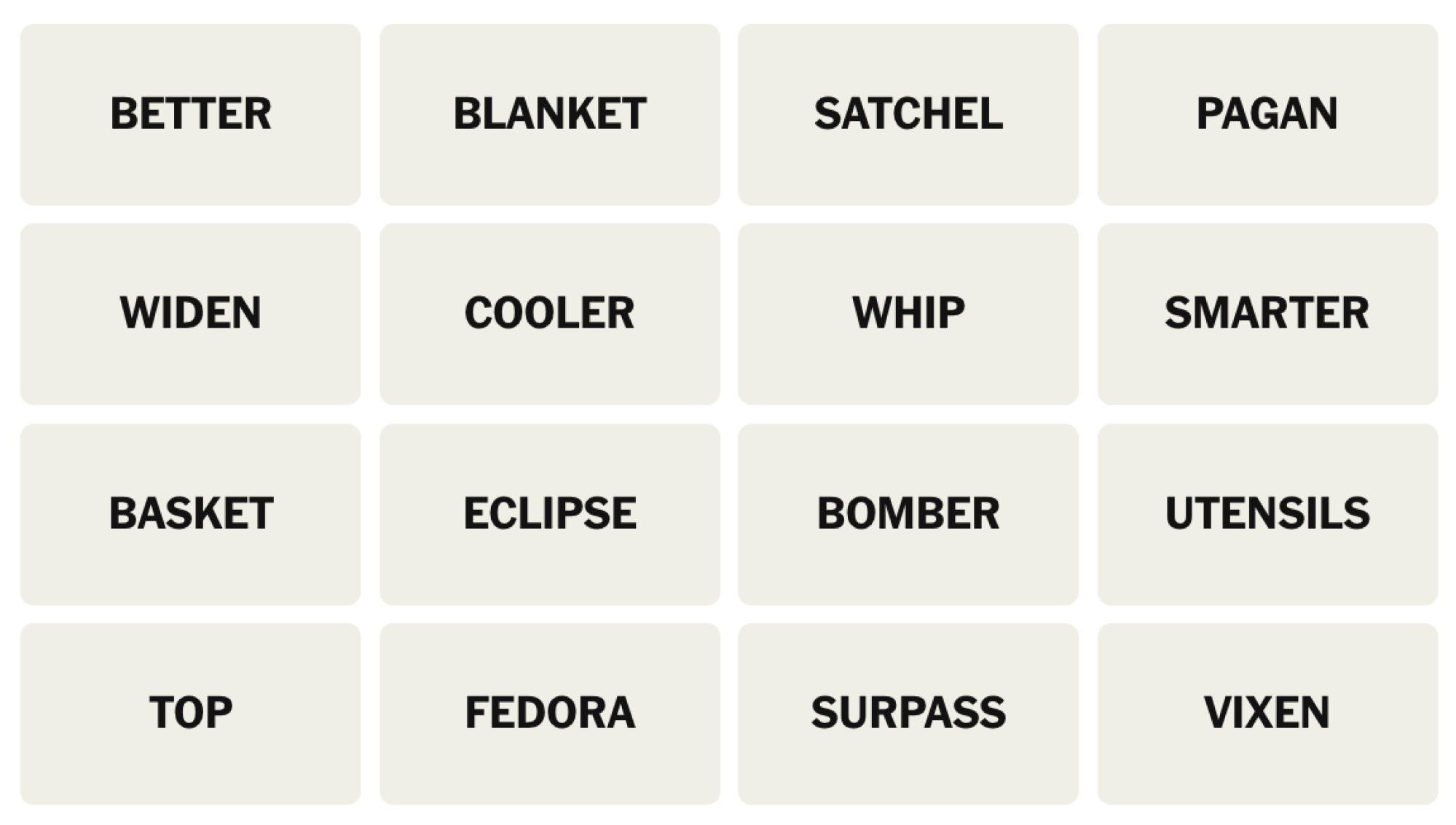 NYT Connections board for January 23, 2025: BETTER, BLANKET, SATCHEL, PAGAN, WIDEN, COOLER, WHIP, SMARTER, BASKET, ECLIPSE, BOMBER, UTENSILS, TOP, FEDORA, SURPASS, VIXEN.
