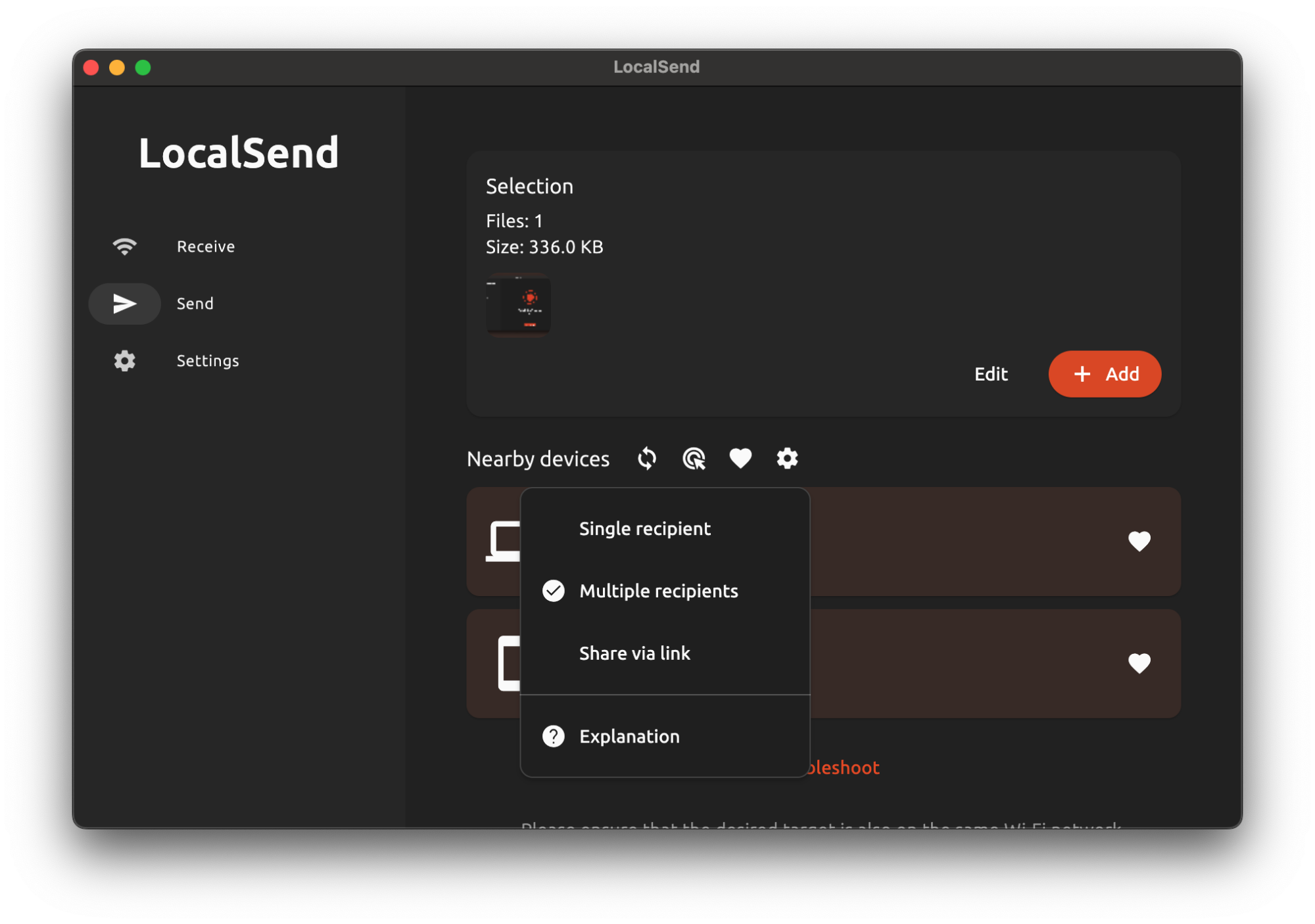LocalSend app's 'Send' tab interface showcasing file sharing options