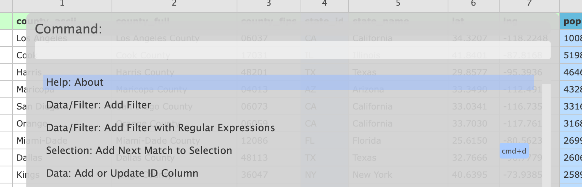 Command bar overlaying the spreadsheet.