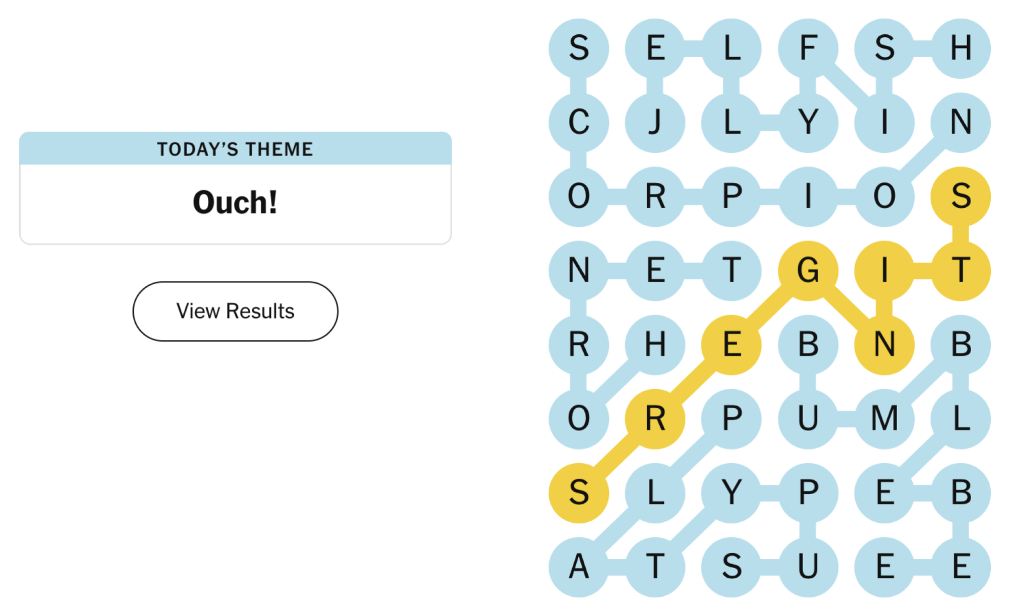 Completed Strands puzzle board for February 18, 2024: Ouch!