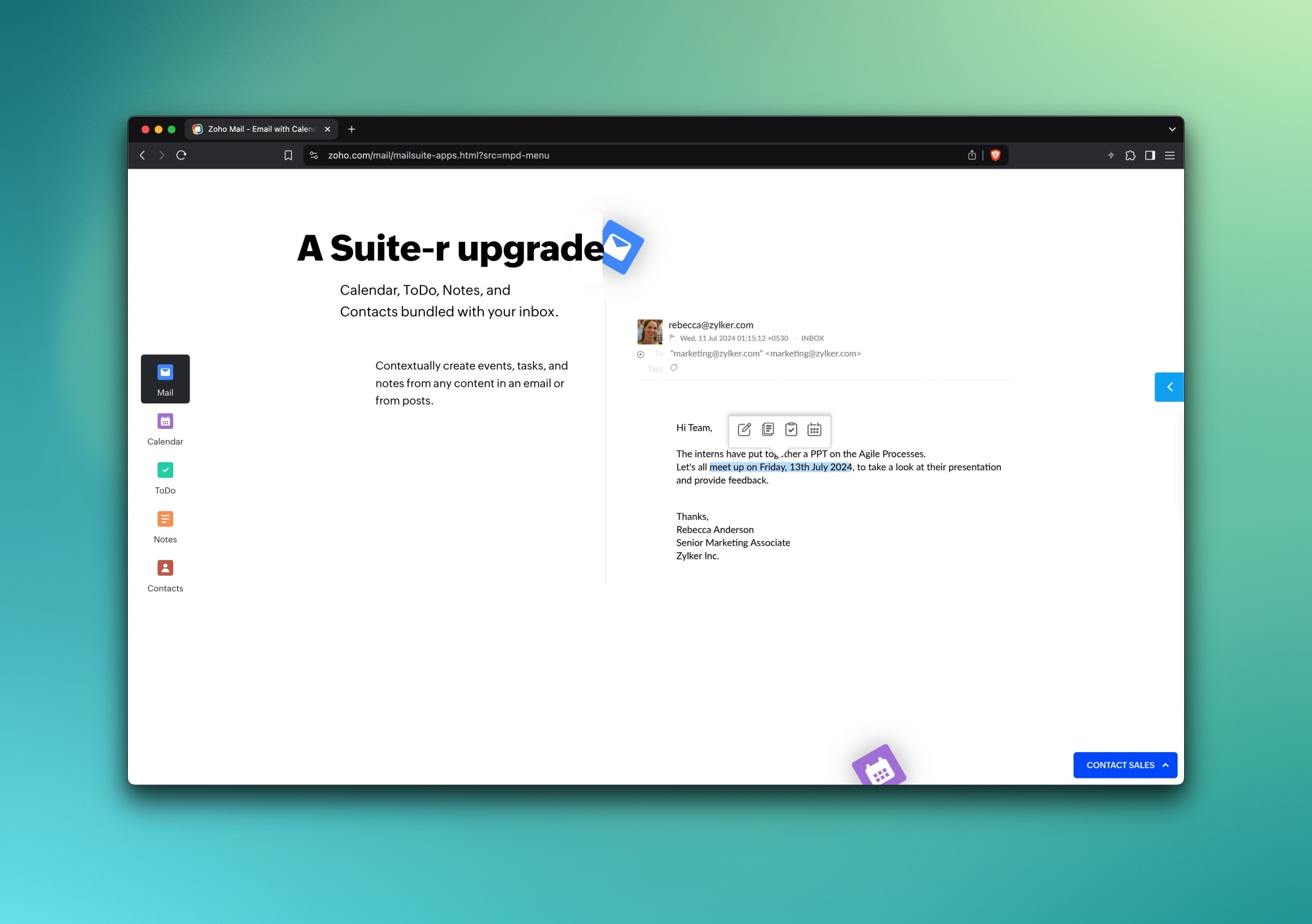 Zoho Mail features display.