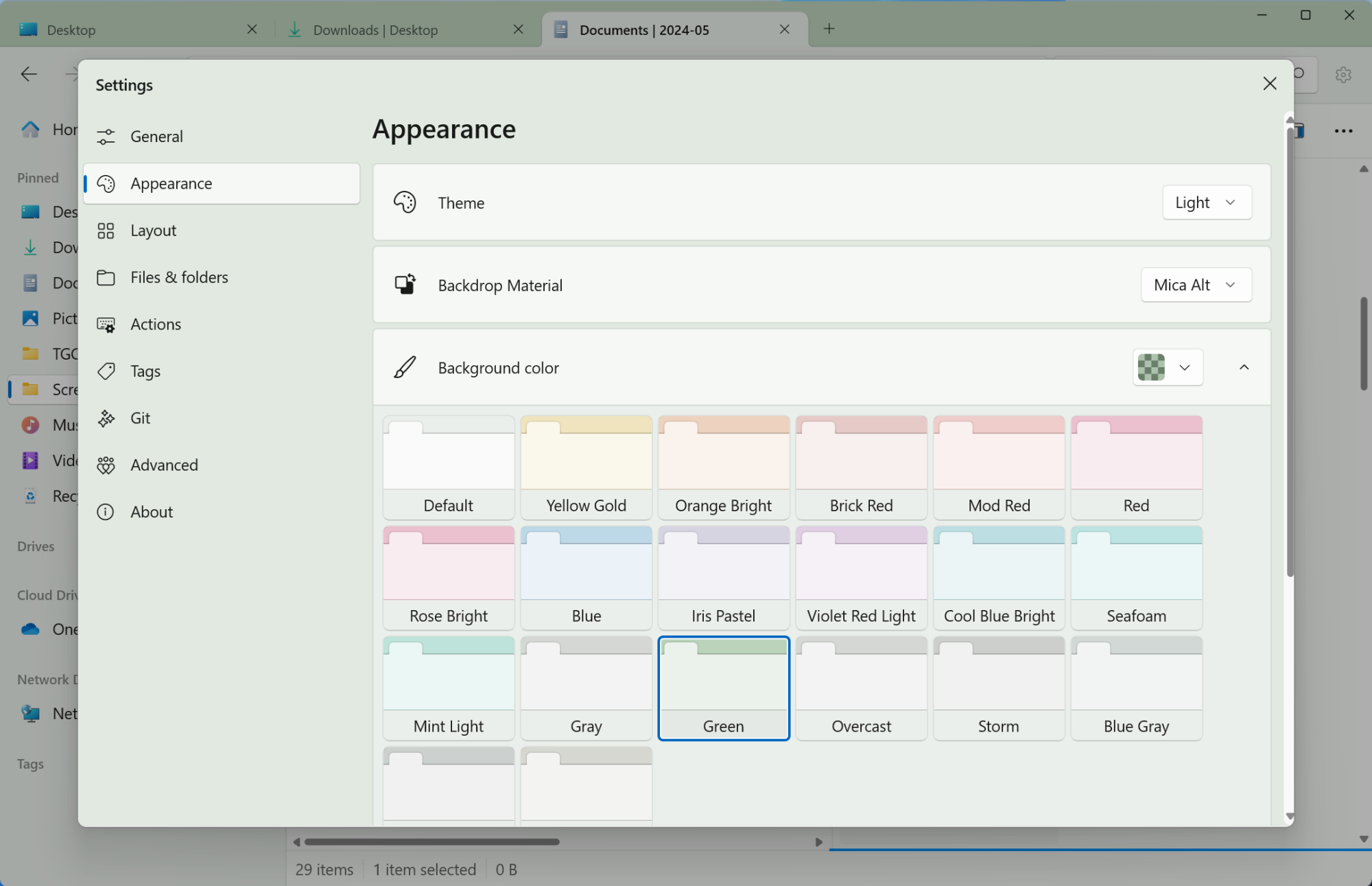 UI customization options in Files app.