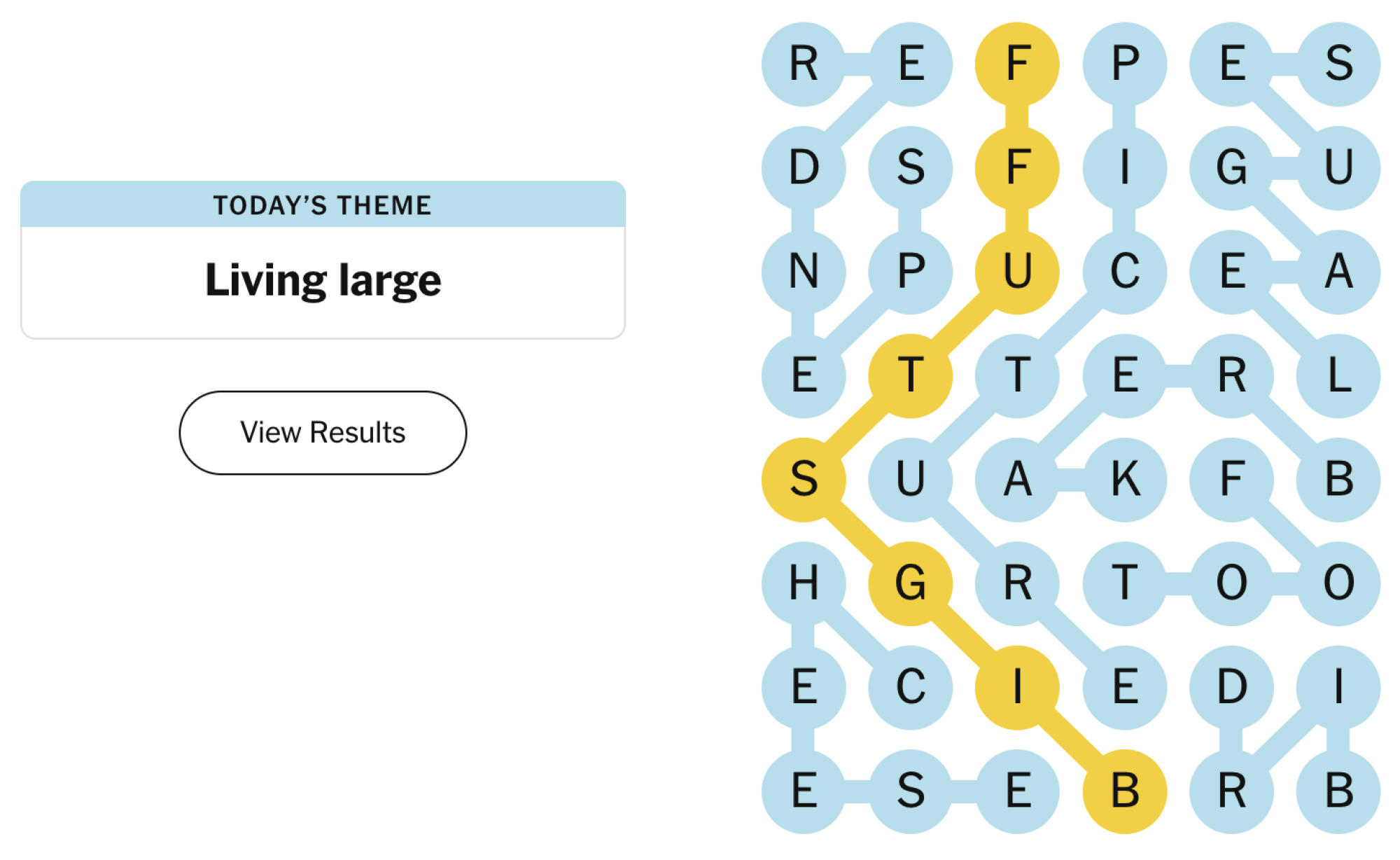 Completed NYT Strands board for February 27, 2024: Living large.