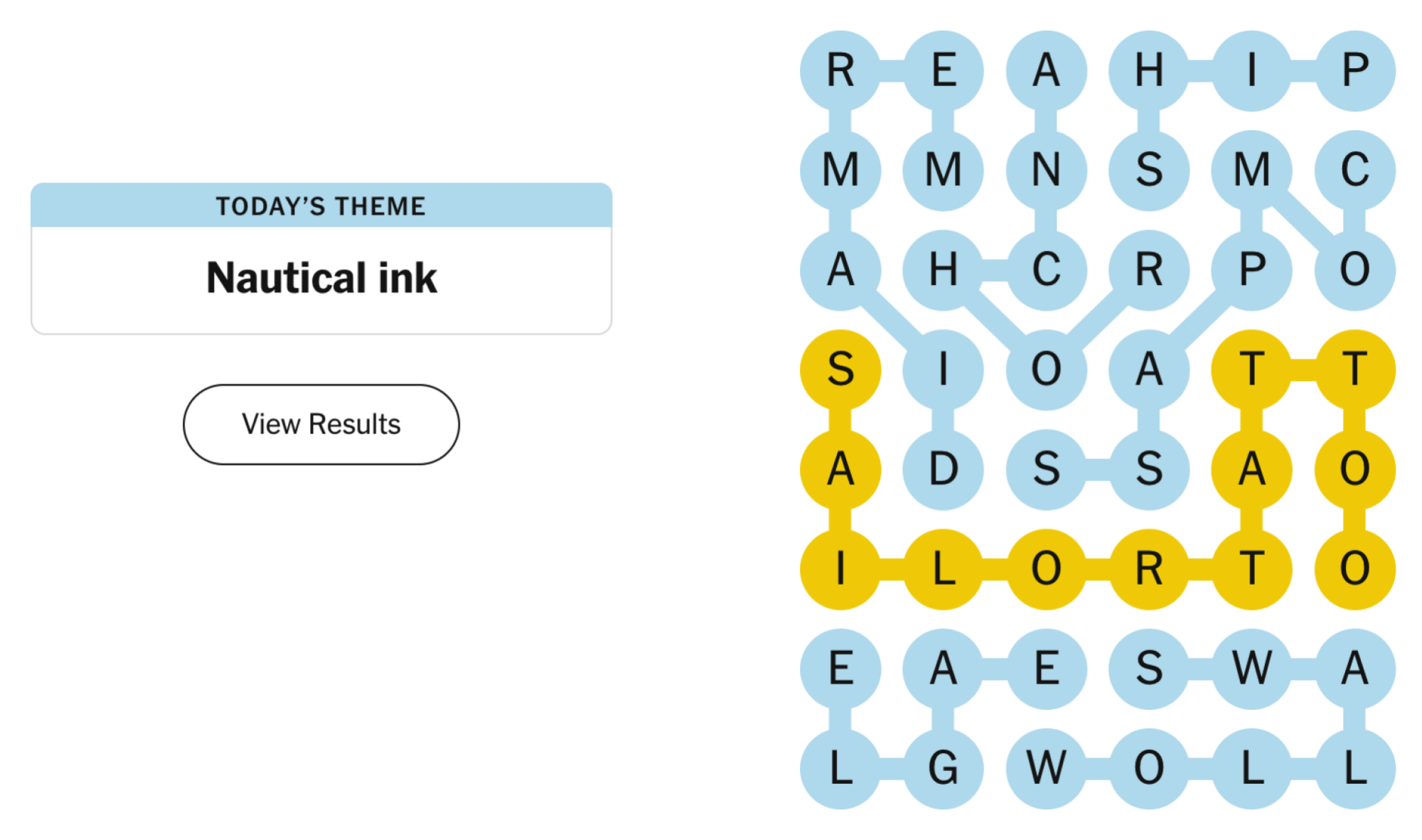 Completed Strands puzzle board for February 28, 2024: Nautical ink.