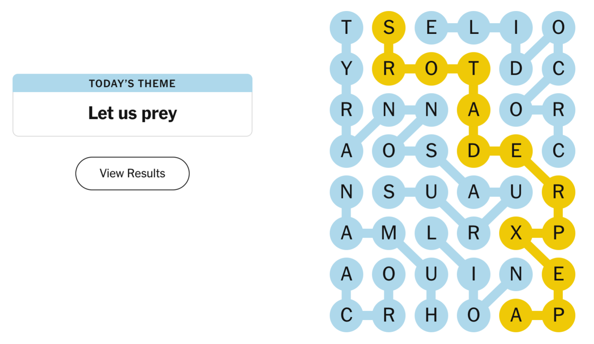 Completed NYT Strands board for March 1, 2024: Let us prey.