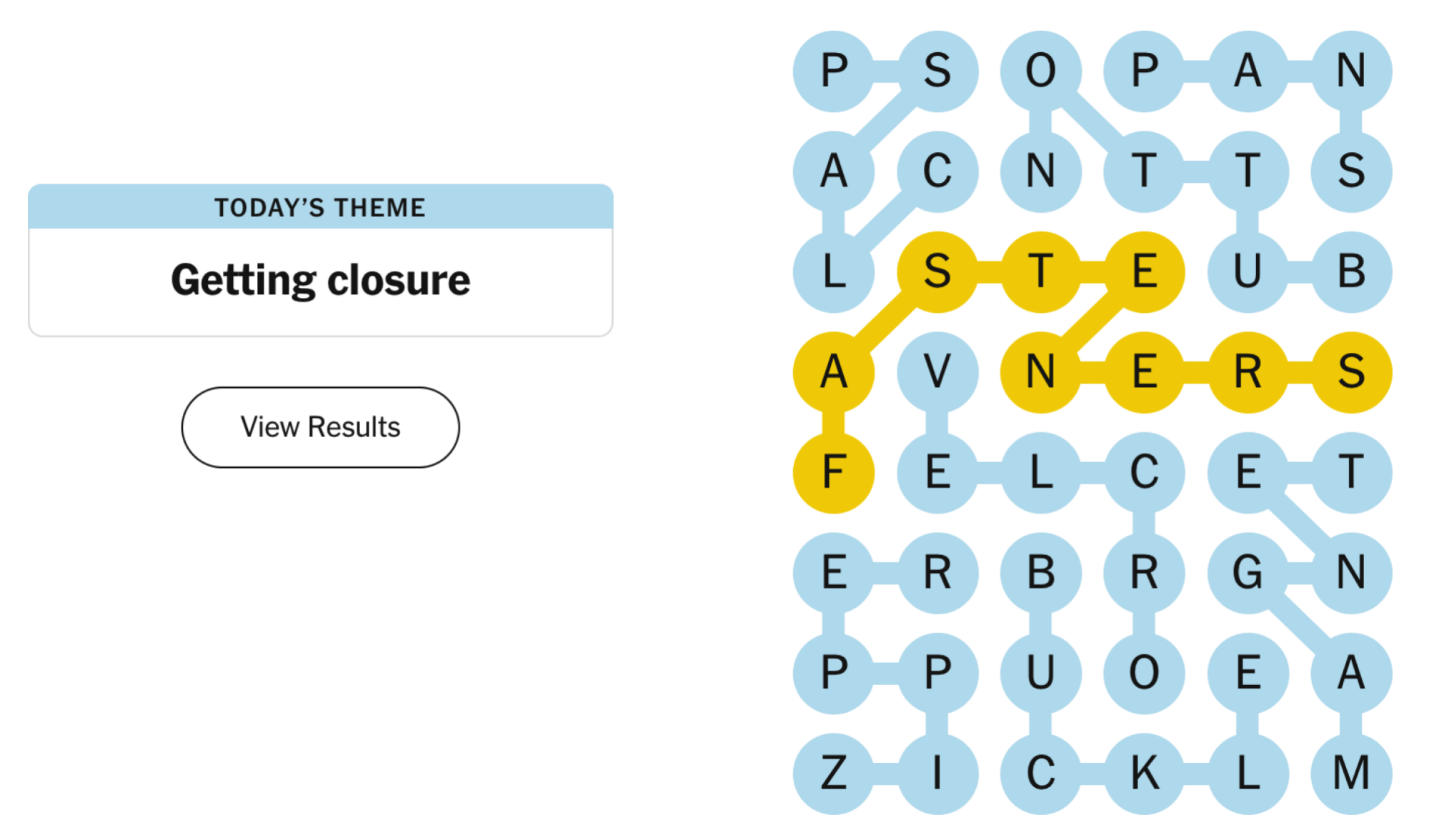 Completed NYT Strands board for March 2, 2024: Finding closure.