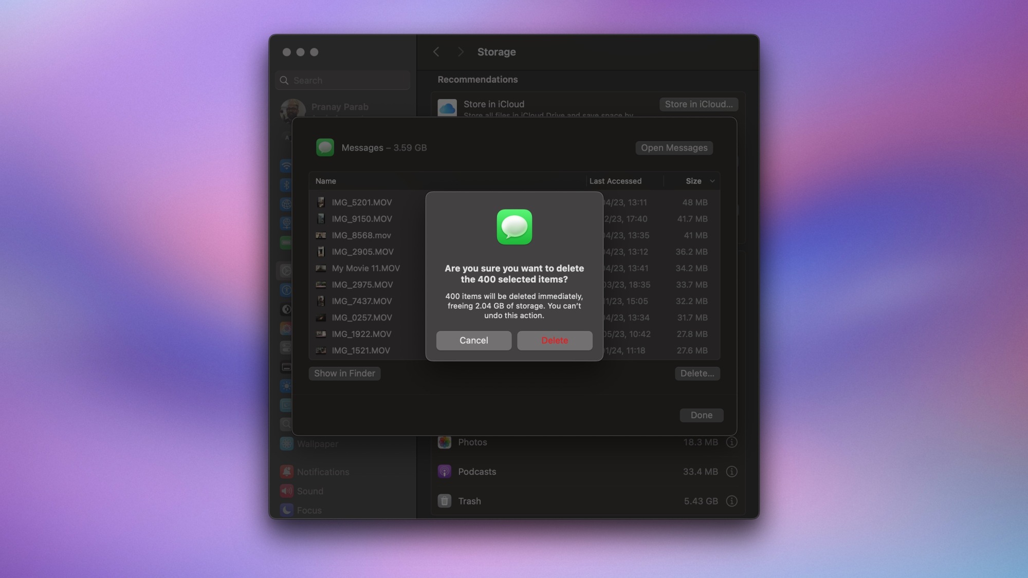 Confirmation prompt to delete attachments from the Messages app on Mac.
