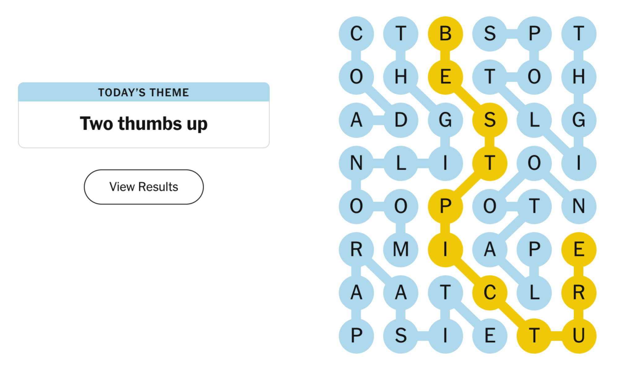 Completed NYT Strands board for March 8, 2024: Two thumbs up.
