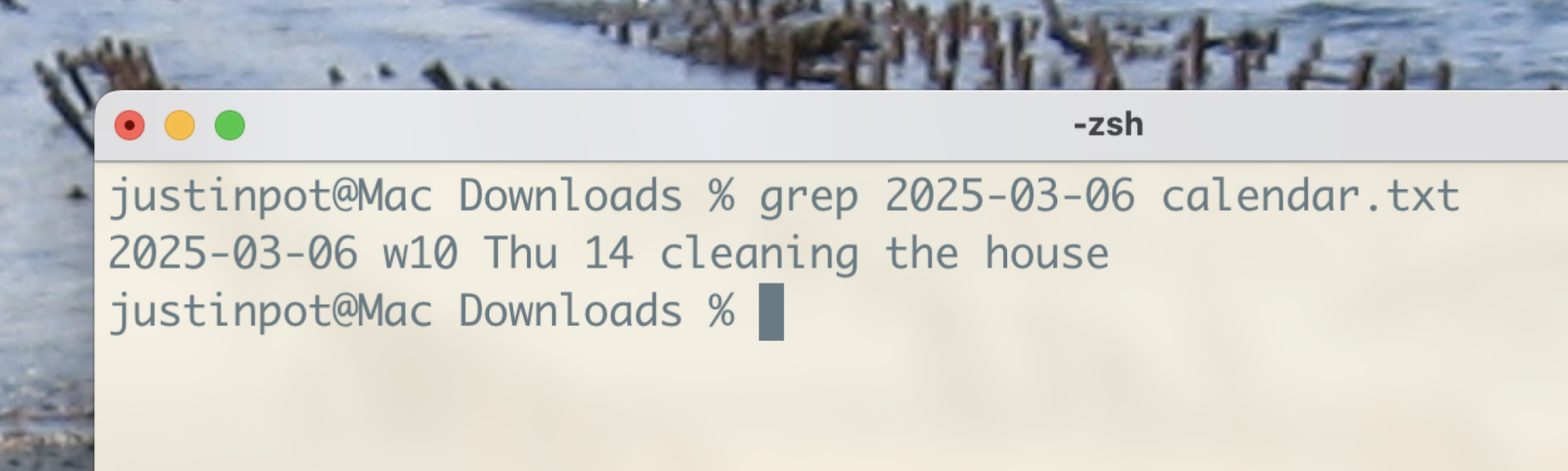 Mac terminal displaying the command 'grep calendar.txt' to show daily appointments.