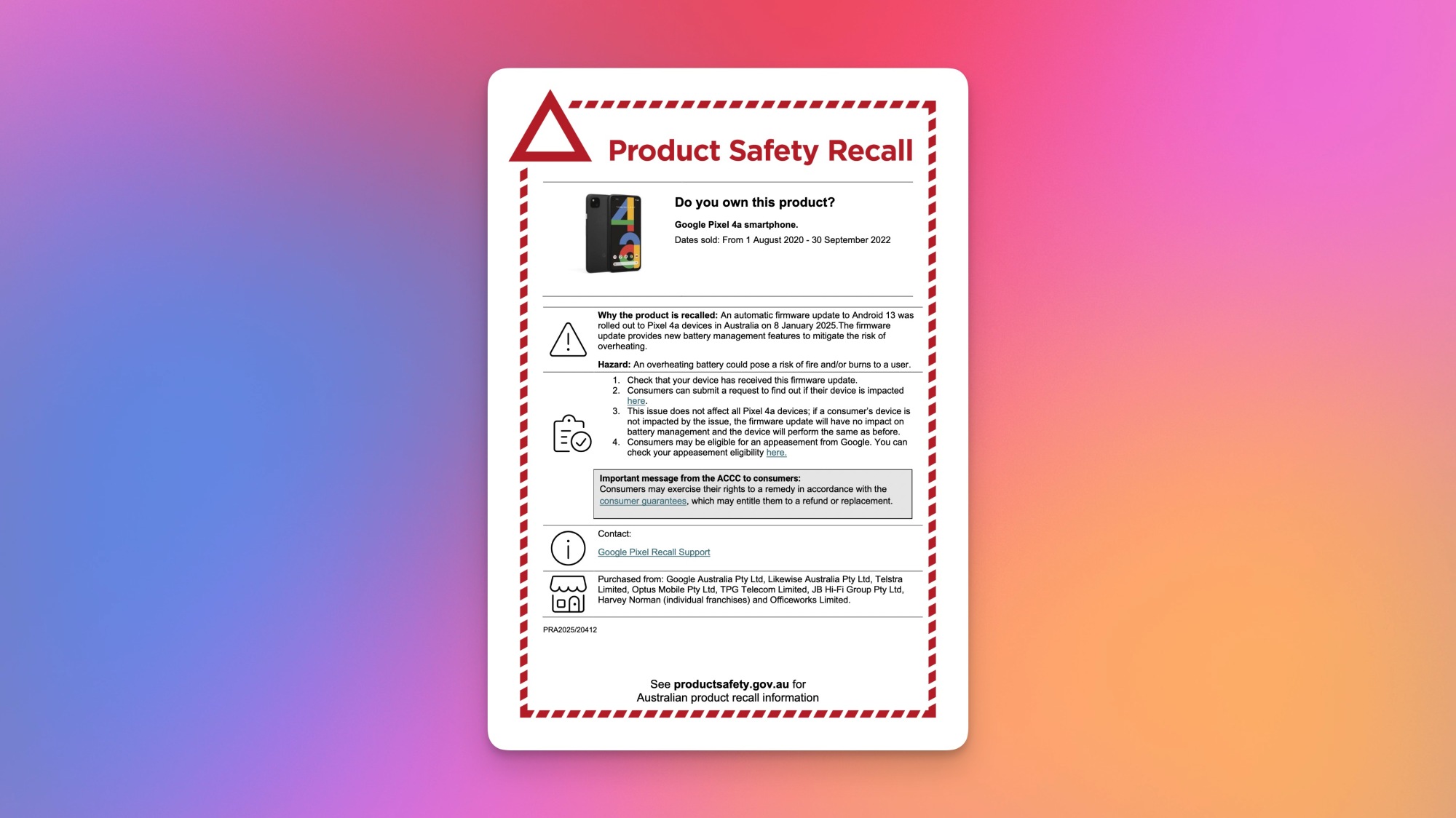 Recall notice for the Pixel 4a in Australia