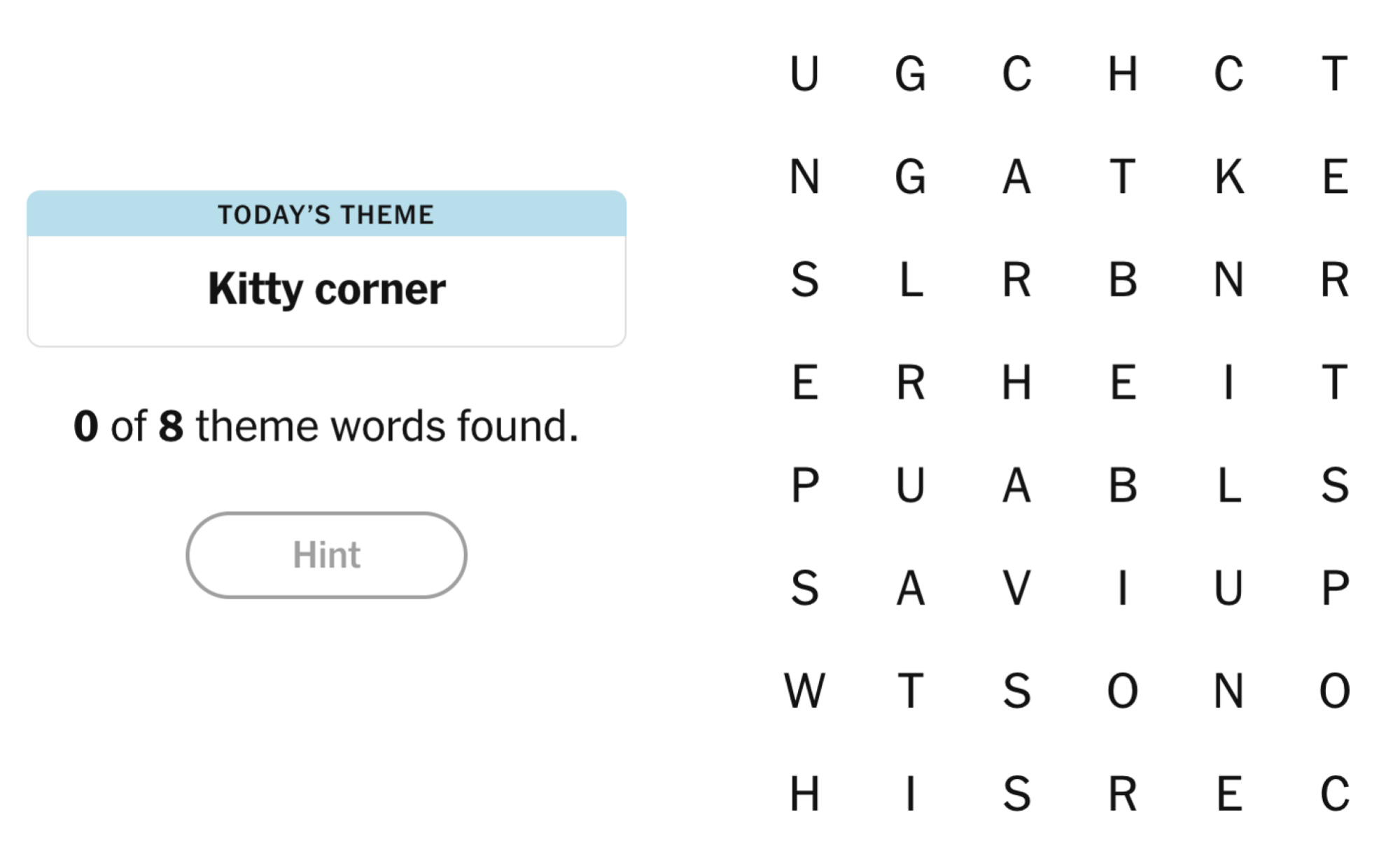 NYT Strands board for March 9, 2025: Kitty corner.