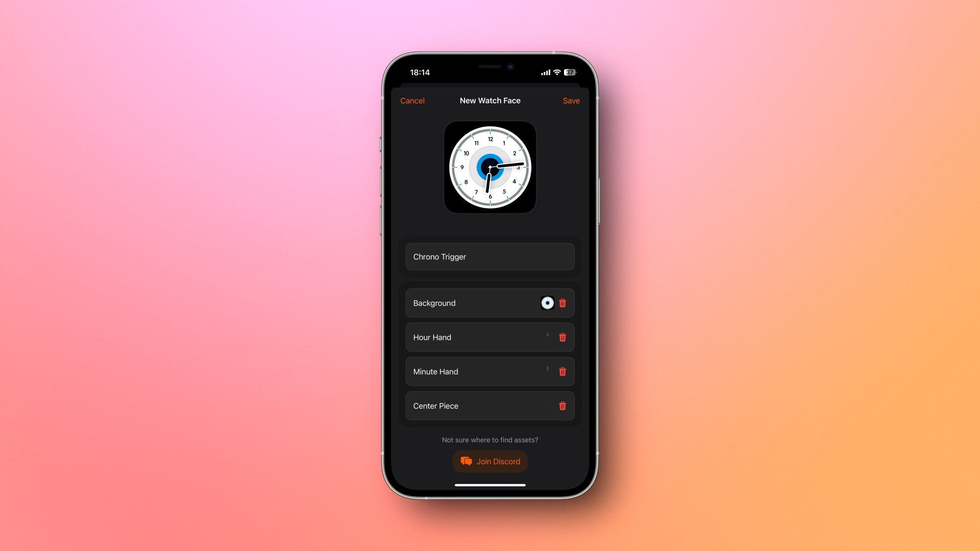 Creating a watch face in Tinker. You can see the watch face up top, followed by four buttons—Background, Hour Hand, Minute Hand, and Center Piece.
