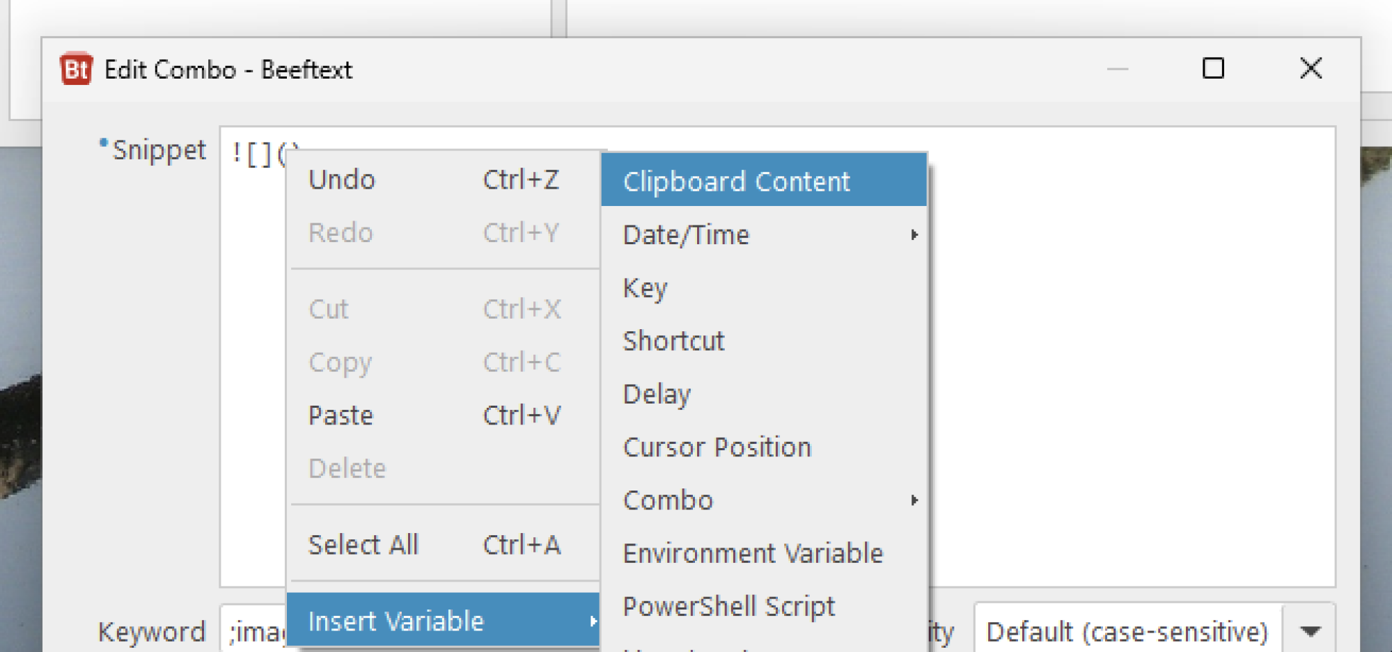 The right-click menu facilitates variable insertion, including clipboard content, date and time, among others.