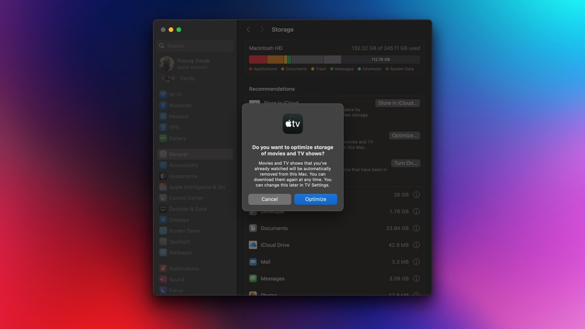 Deleting downloaded TV shows from the TV app to clear space on a Mac.