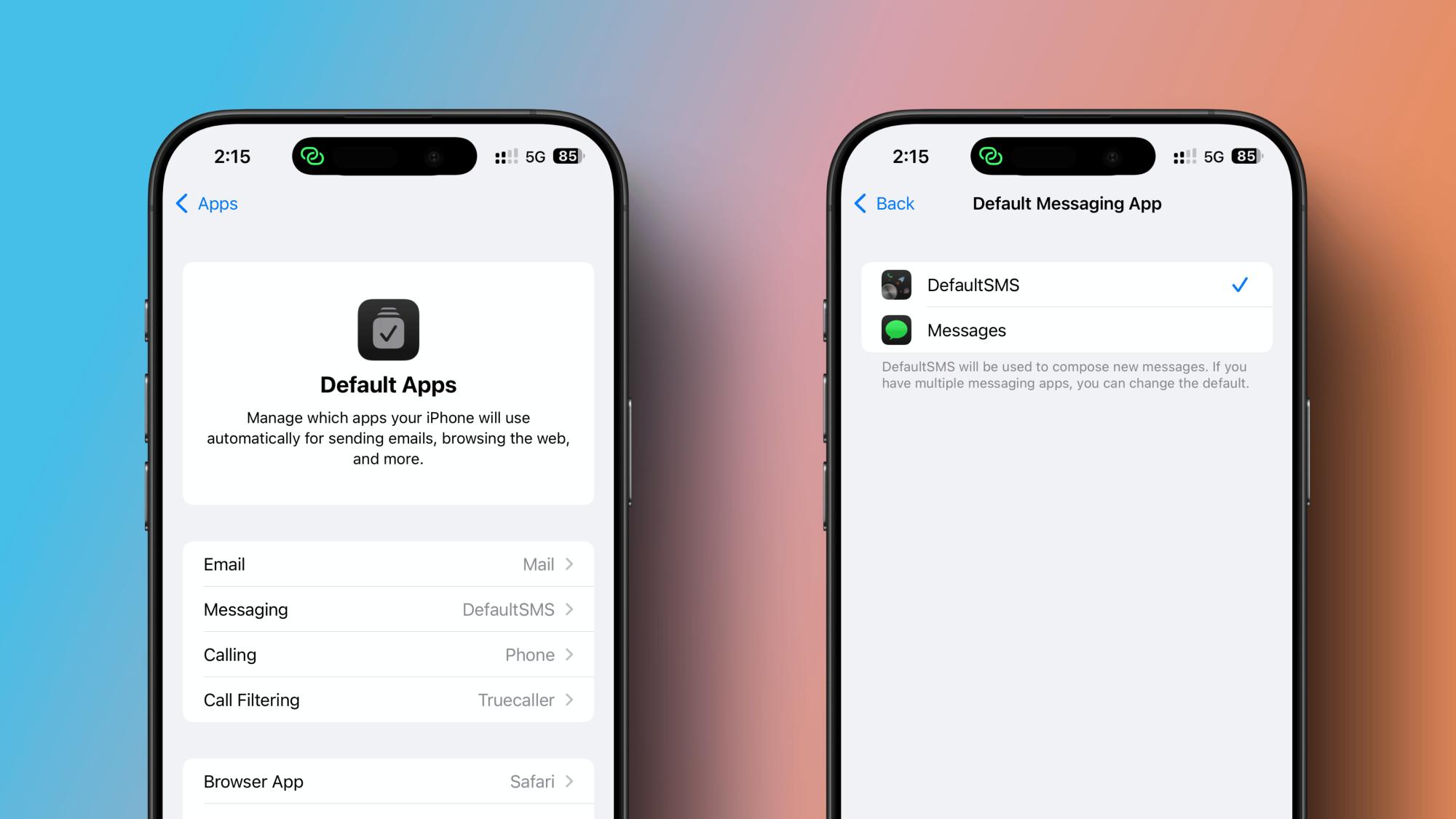Setting the DefaultSMS app for messaging.