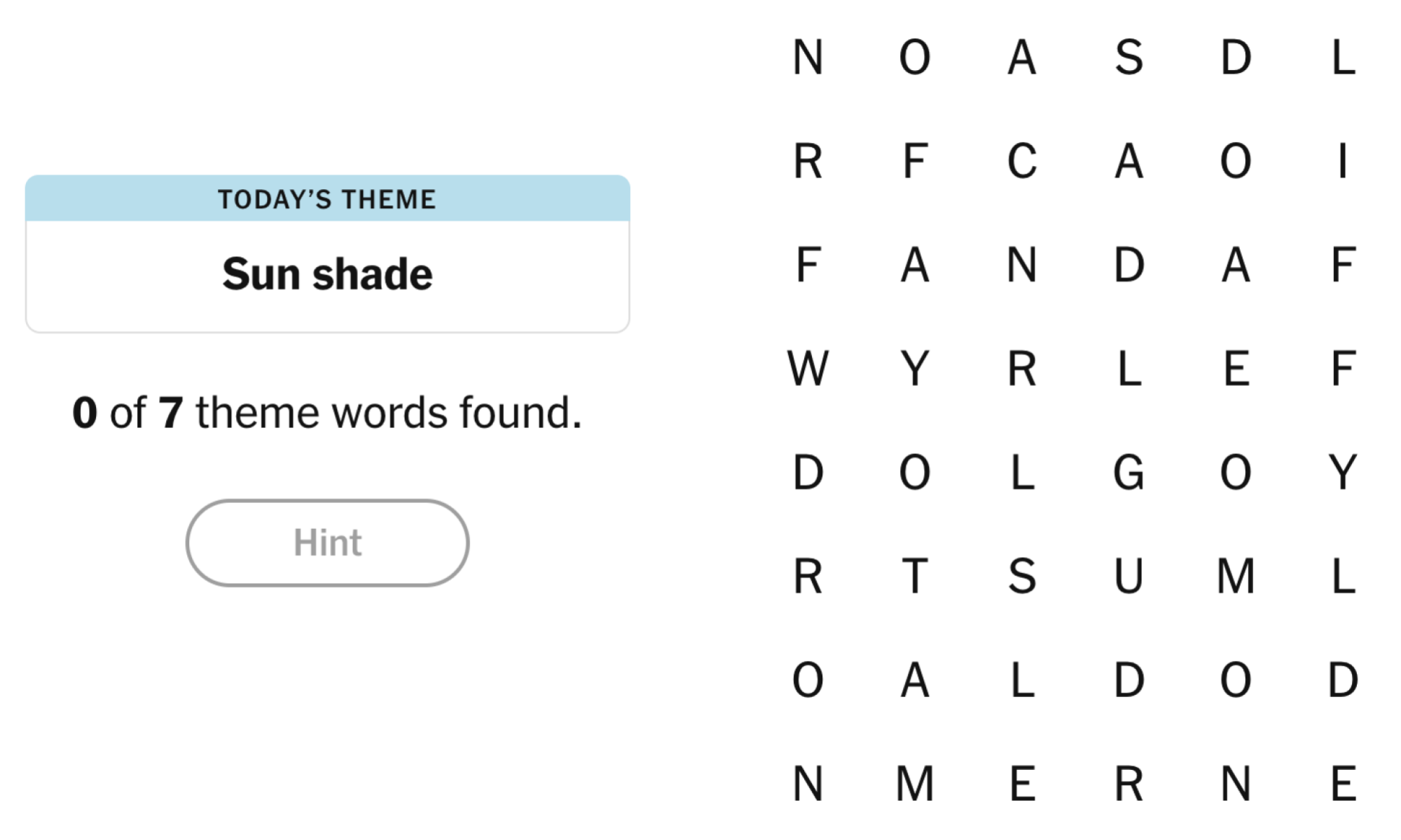 NYT Strands board for February 17, 2025: Sun shade.